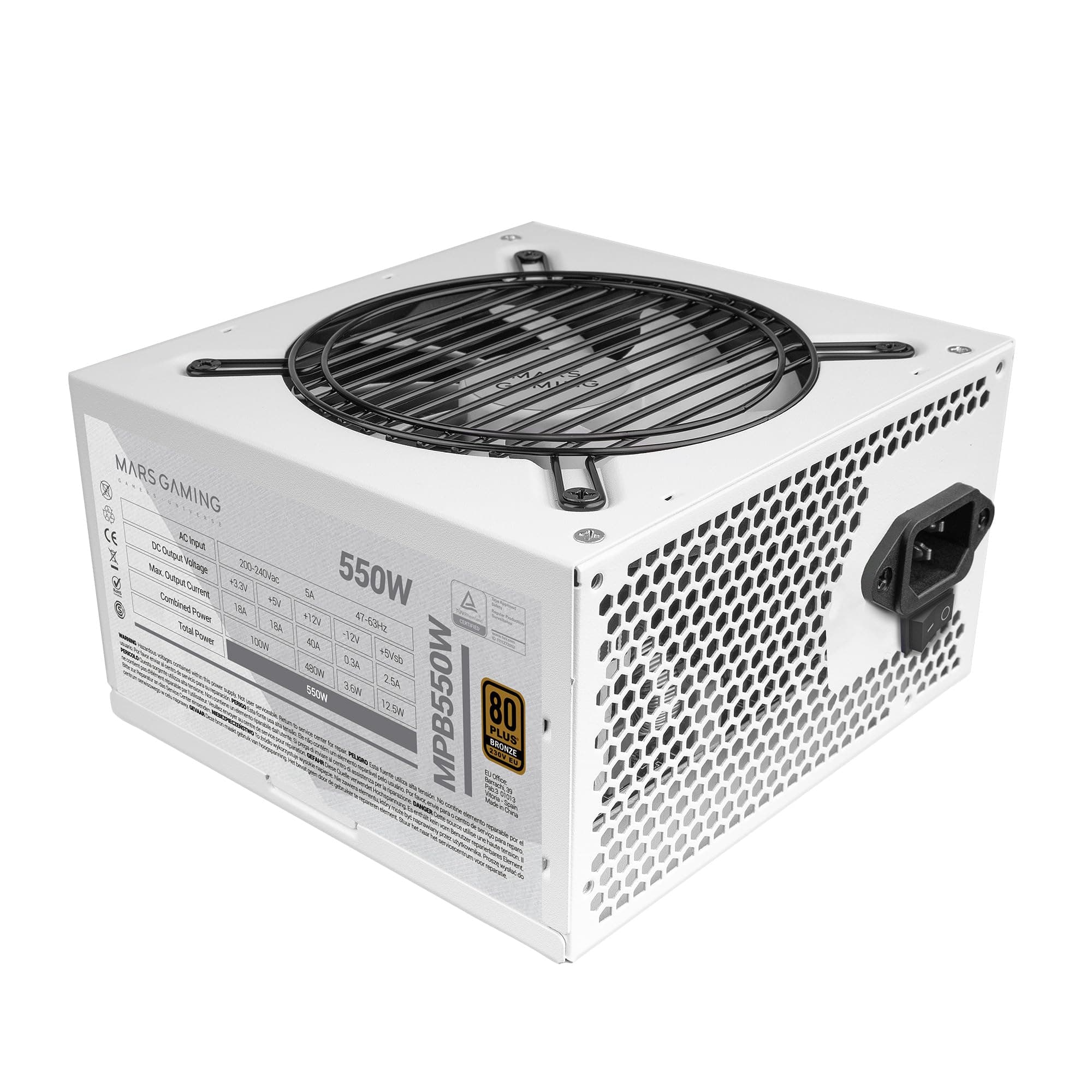 Mars Gaming MPB550, PC-Netzteil 550W ATX, 6 Jahre Garantie, 80Plus Bronze 230V EU, 90% Wirkungsgrad, 120mm FDB Lüfter mit AI-RPM Technologie und Anti-Vibrationssystem, Weiß MPB550W