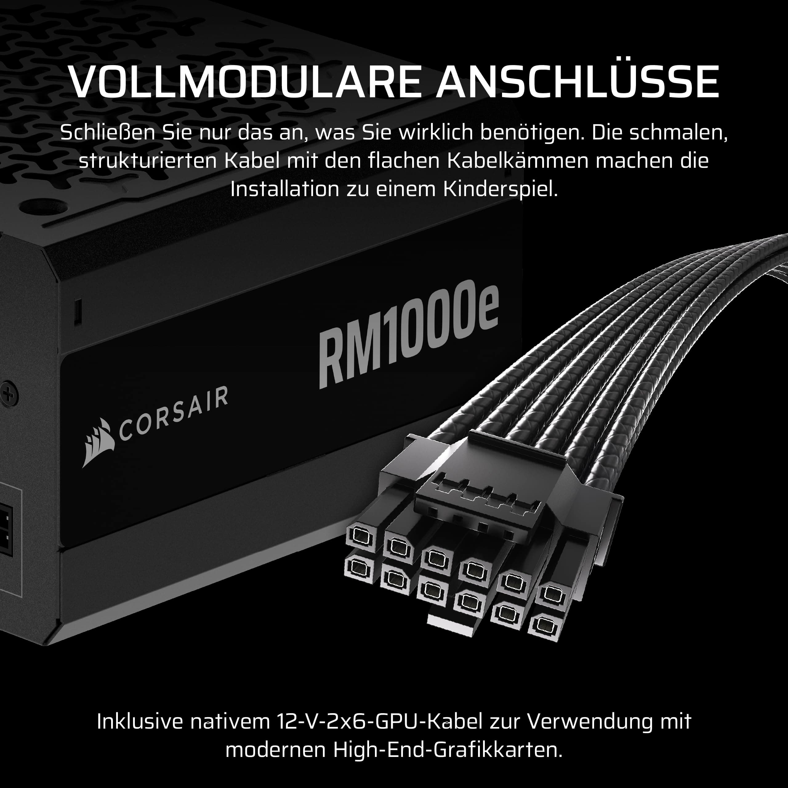 CORSAIR RM1000e (2025) Geräuscharmes Vollständig Modulares ATX-Netzteil mit 12V-2x6 Kable – Zero RPM-Lüftermodus, ATX 3.1-Konform, PCIe 5.1-Unterstützung, Cybenetics Gold – Schwarz Schwarz 1000 Watts RMe (2025) Bild 8