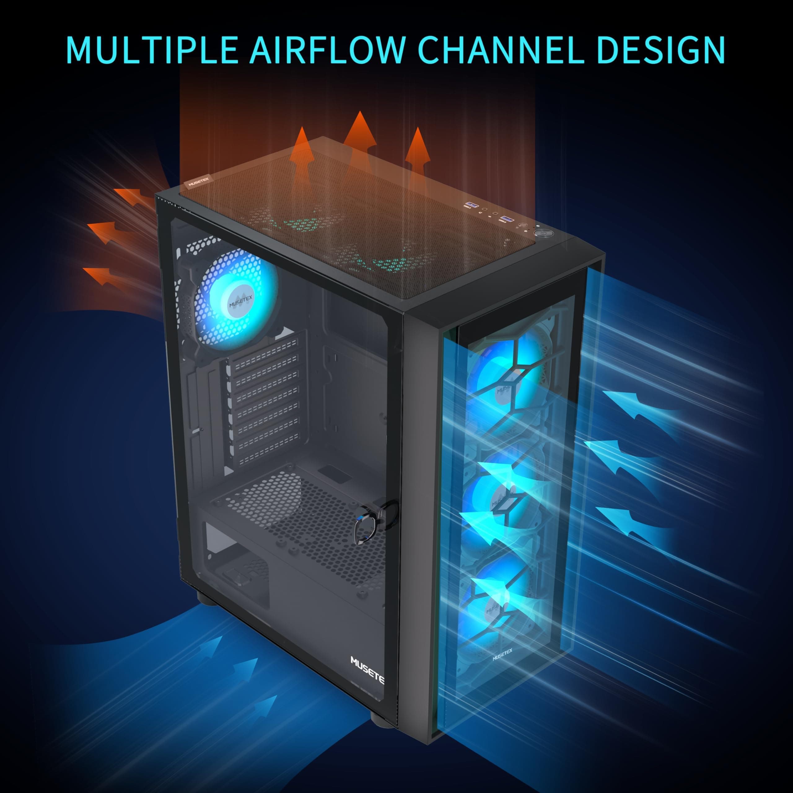 MUSETEX PC Gehäuse ATX, 6 PWM ARGB Lüfter vorinstalliert ATX Gehäuse, Computergehäuse mit zu öffnender Hartglastür, Mid Tower Gaming PC Gehäuse, USB 3.0 x 2, Schwarz, G07 Bild 5