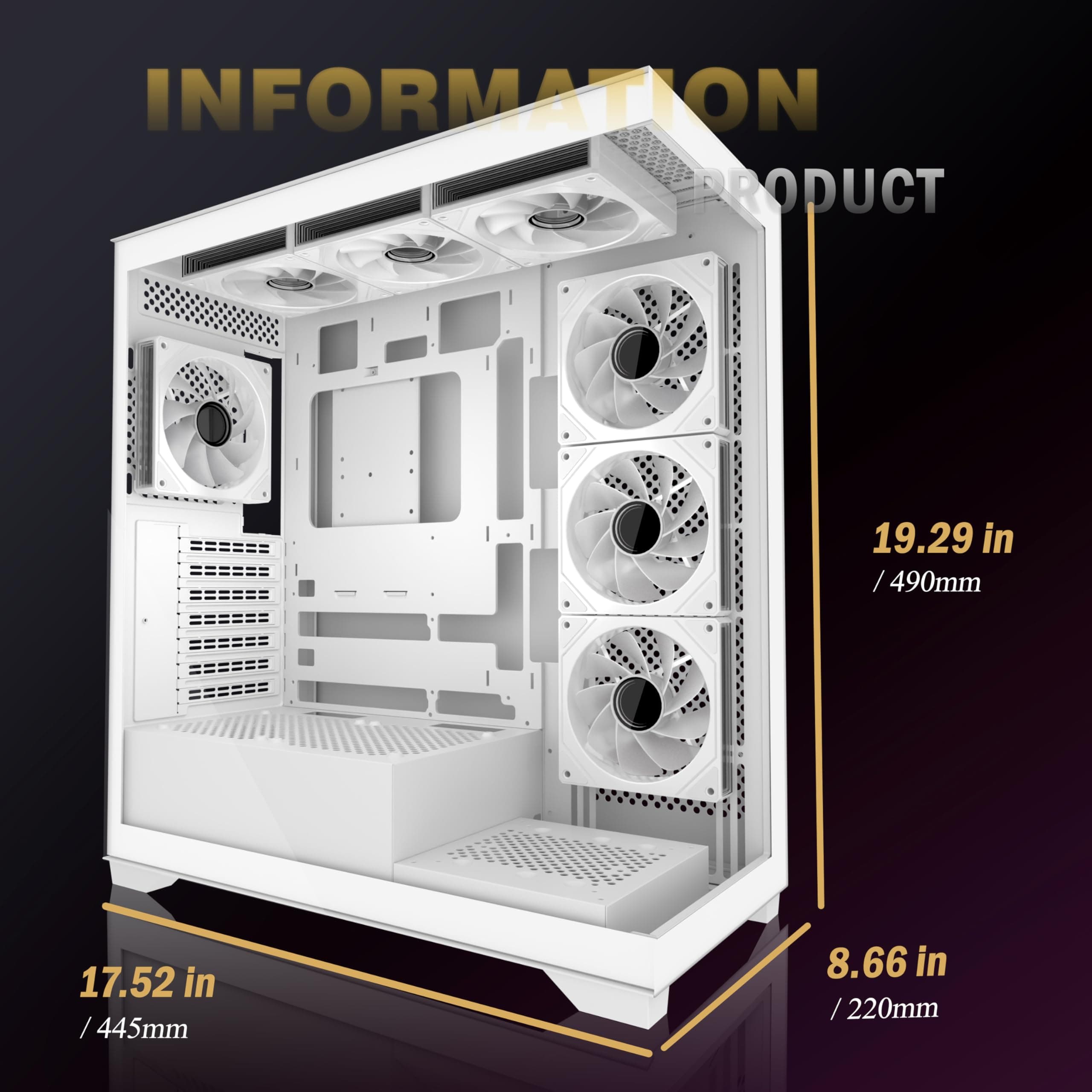 ANSAITE ATX PC-Gehäuse 7×120 mm ARGB PWM-Lüfter vorinstalliert ，Mid-Tower Gaming PC-Gehäuse, Vollansichtiges Doppel-Hartglas Computer-Gehäuse mit Type-C, 360mm Radiator Unterstützung Schwarz Bild 5