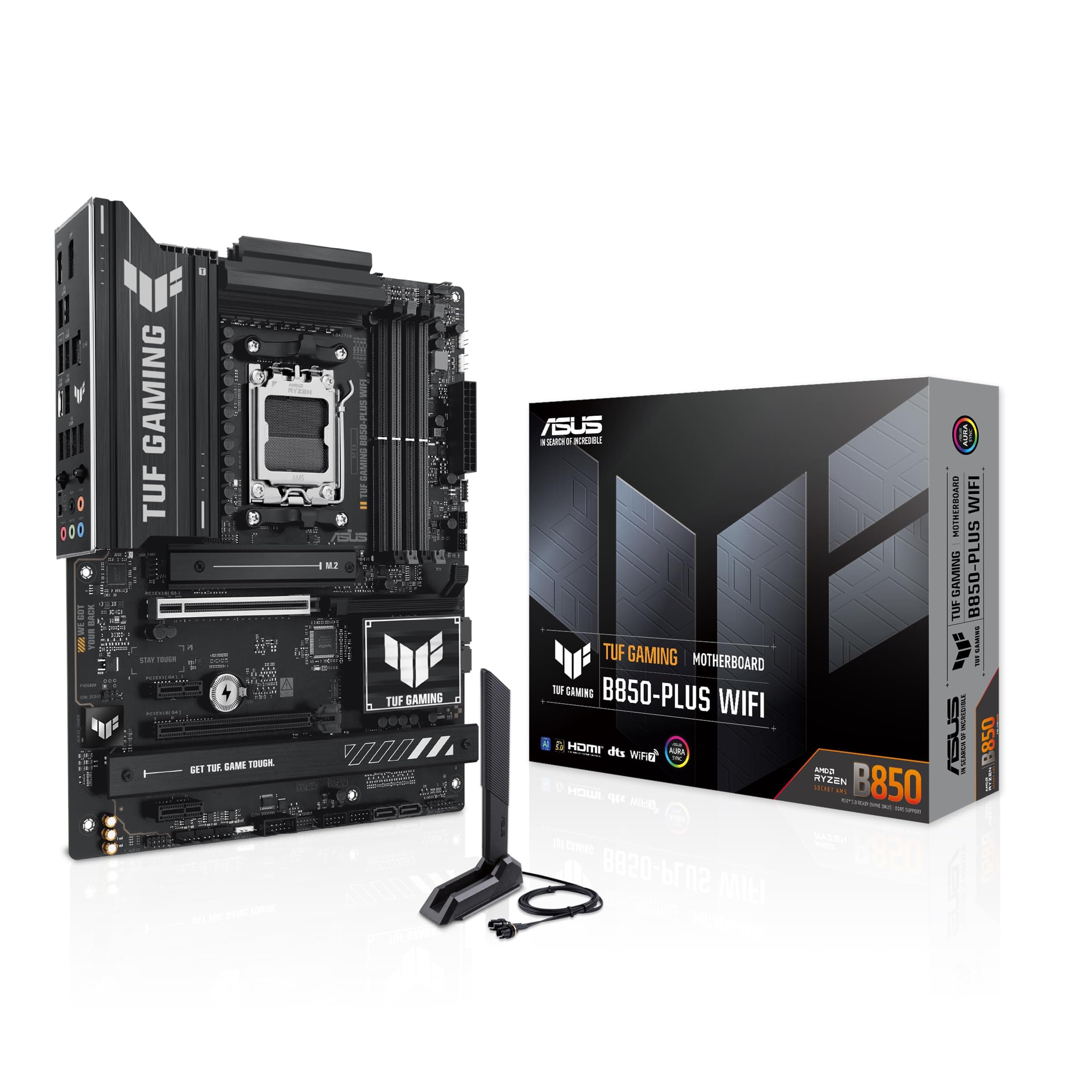 ASUS TUF Gaming B850-PLUS WiFi AMD AM5 B850 ATX Motherboard, 14+2+1 80A Stufen, AI Ready, DDR5, PCIe 5.0, 3X M.2, Wi-Fi 7, 2.5Gb LAN, DisplayPort, HDMI™, USB 10Gbps & 20Gbps Type-C®, BIOS Flashback™