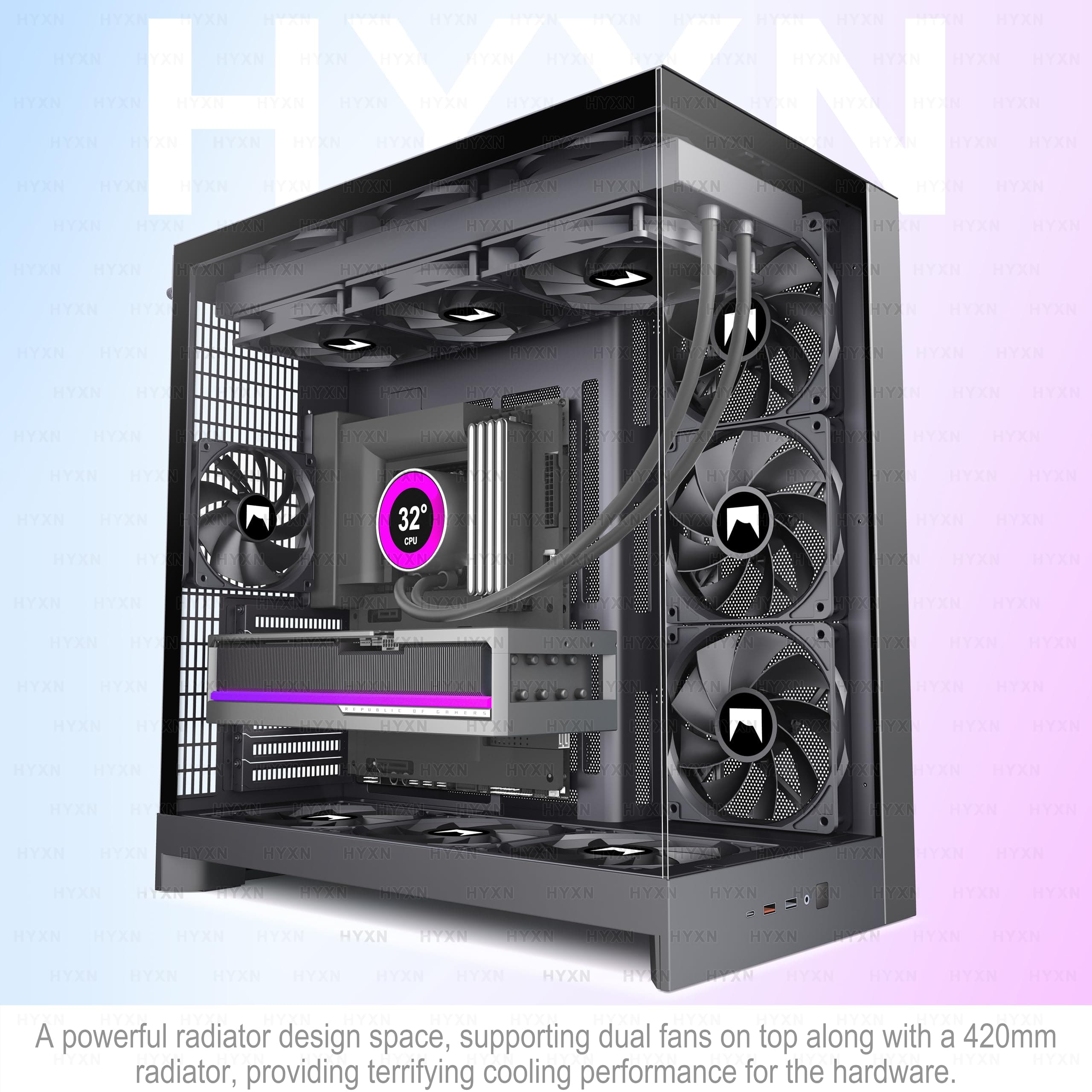 H2(2026) HYXN PC Gehäuse ATX mit 8 Lüfter(6X140 und 2X120) Groß Dual Kammer Mid-Tower Computer Gehäuse Airflow Gaming PC-Gehäuse,Unterstützt 420mm-Wasserkühler,Gaming Gehäuse (Black, H2) Black H2 Bild 3