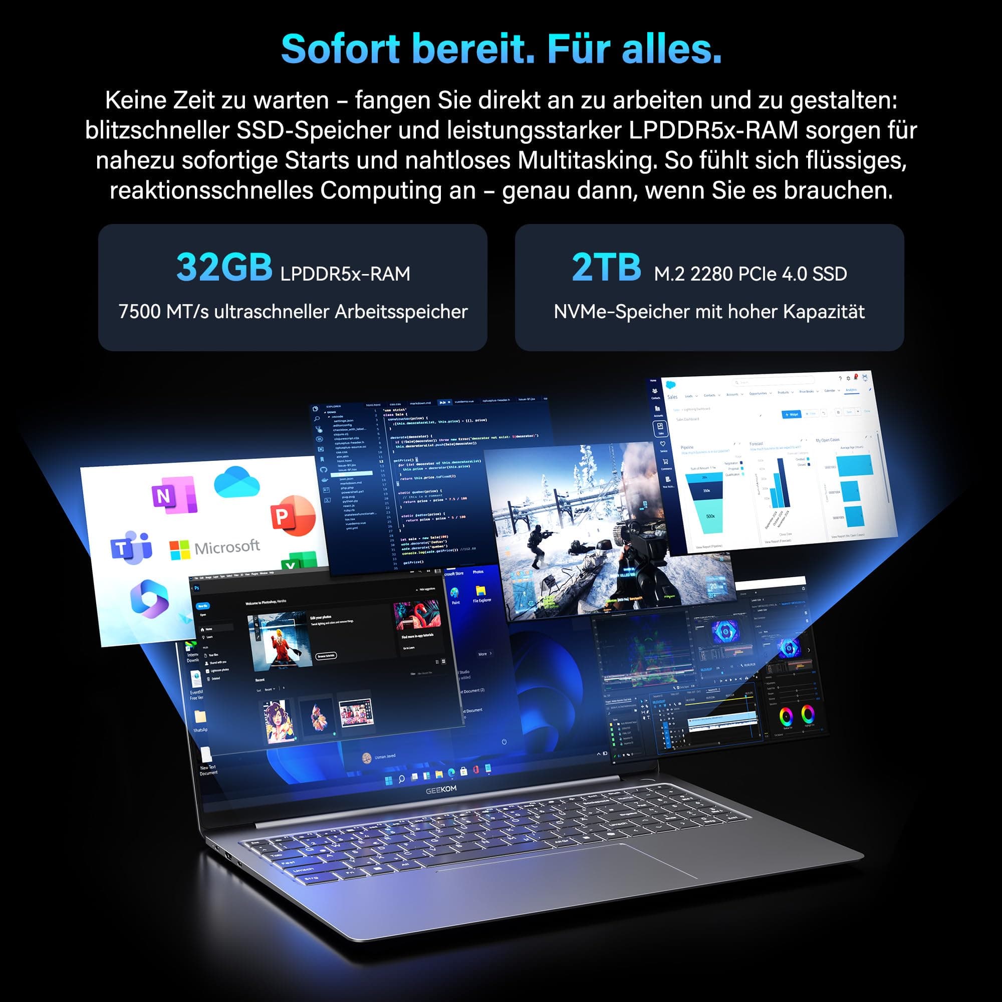 GEEKOM GeekBook X16 Pro Laptop, 1299g Metallgehäuse, 16" 2.5K, Intel Core Ultra 9-185H, 32GB LPDDR5x 7500MT/s, 2TB SSD, USB4, Fingerabdrucksensor, DTS:X Ultra, bis zu 17h Akku, Copilot, Windows 11 Pro Bild 5