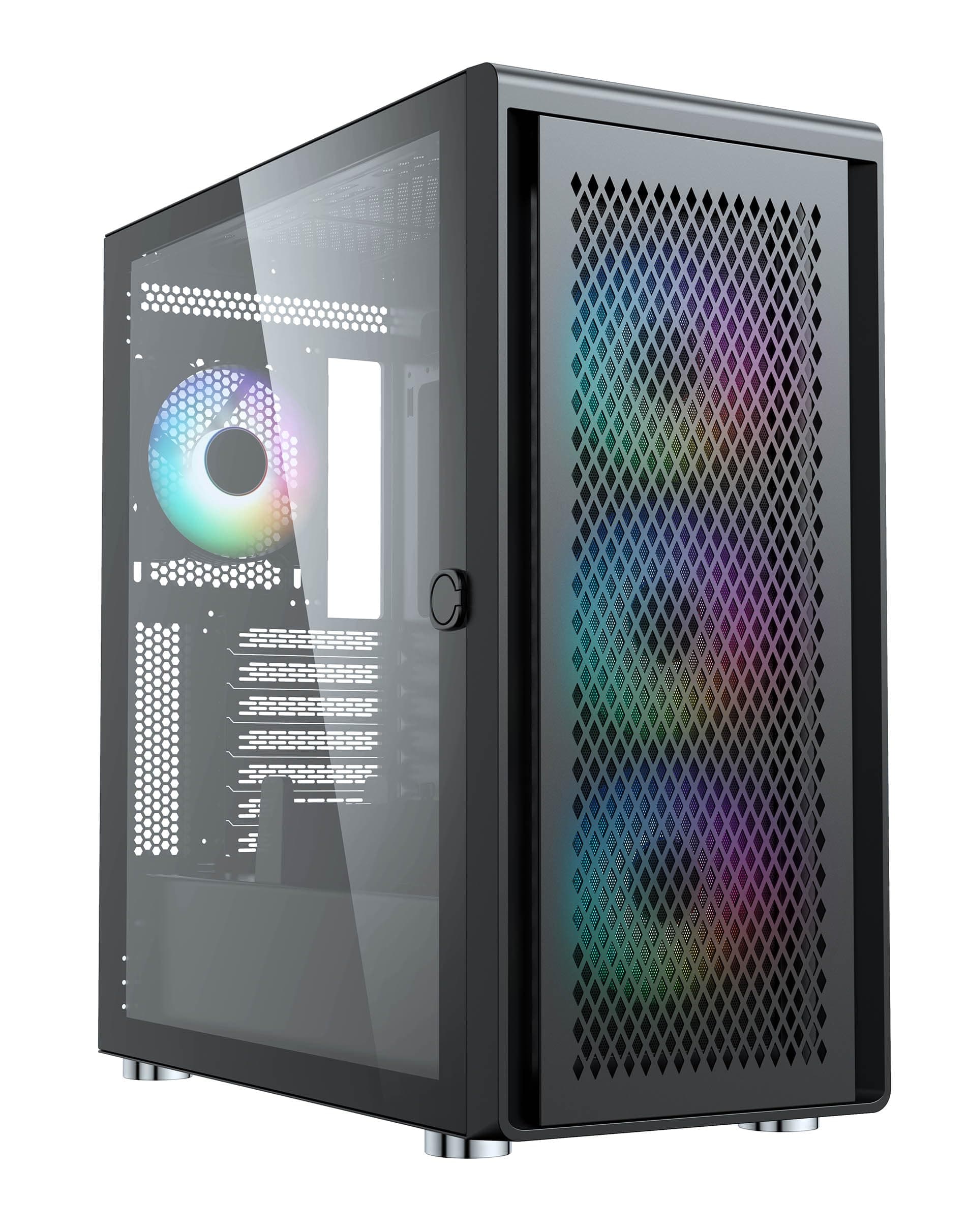 Air 100 Midi Tower PC-Gehäuse, Große Metall Mesh-Front, gehärtetes Glas-Seitenfenster, 4X 120mm A-RGB Hydro-Lager Lüfter, GPU bis 383mm, Abnehmbarer Mesh Deckel, ATX Netzteil, Schwarz Bild 2