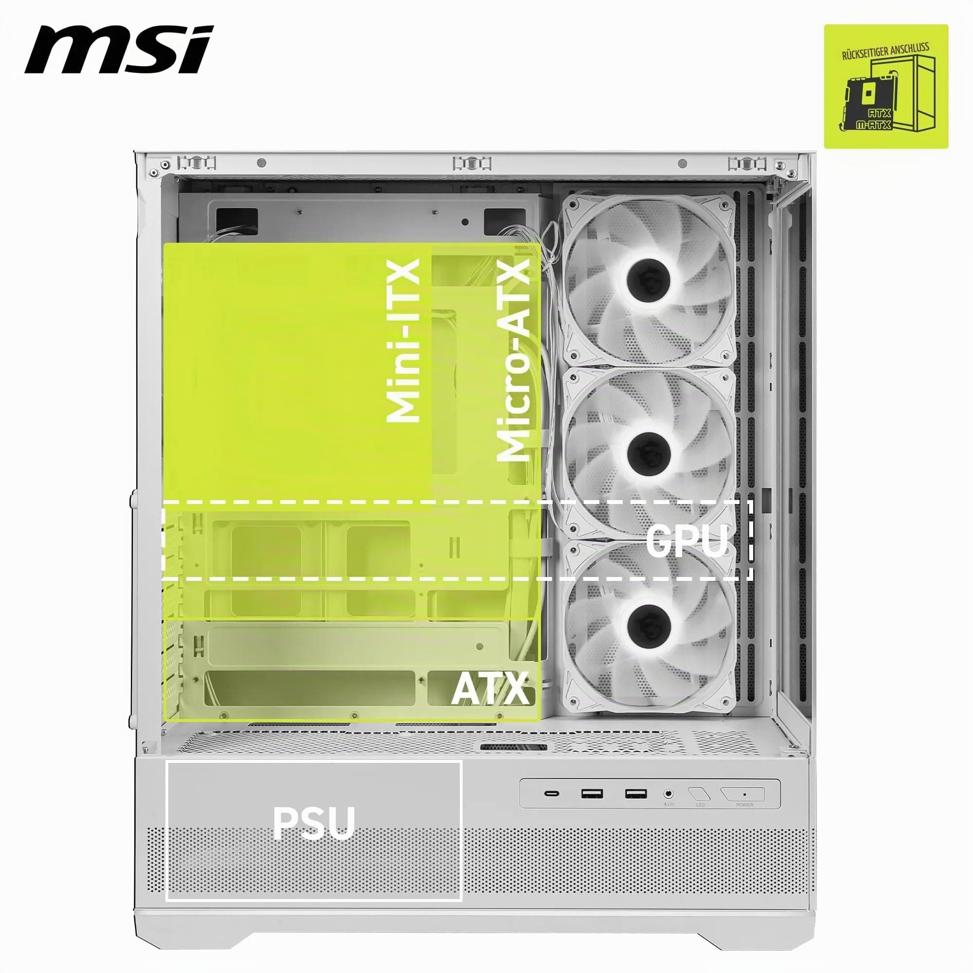 MSI MAG PANO 110R PZ Weiß – Mid-Tower-Gaming-PC-Gehäuse – Unterstützt GPUs mit Einer Länge von bis zu 400 mm, herausnehmbare Staubfilter, USB 20 Gbit/s (Typ C), Back-Connect-ATX- und Micro-ATX Bild 7