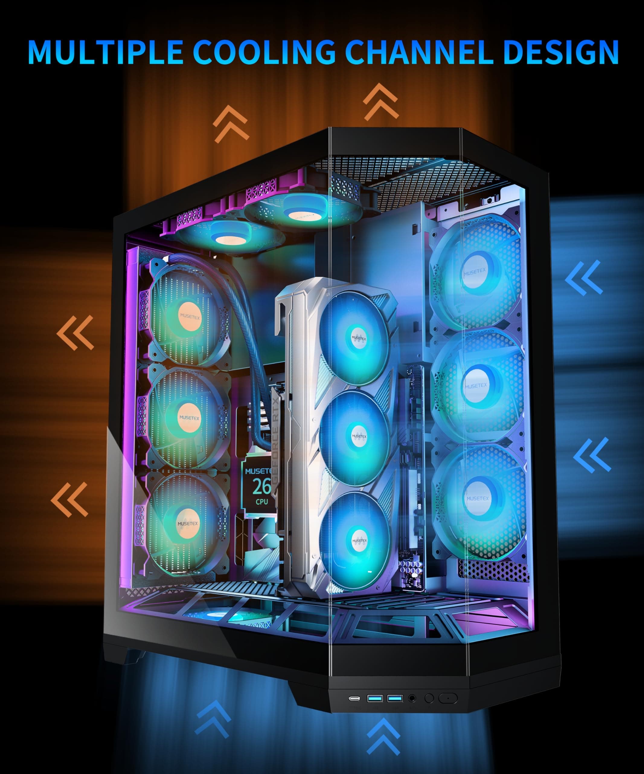 MUSETEX PC Gehäuse, Vertikale GPU-Montage Design, Vorinstallation 5 PWM ARGB Lüfter, 360MM Rad Support, ATX Mid-Tower Gaming PC-Gehäuse mit Type-C, 270° Panorama-Glas, Schwarz(GR3) Bild 7