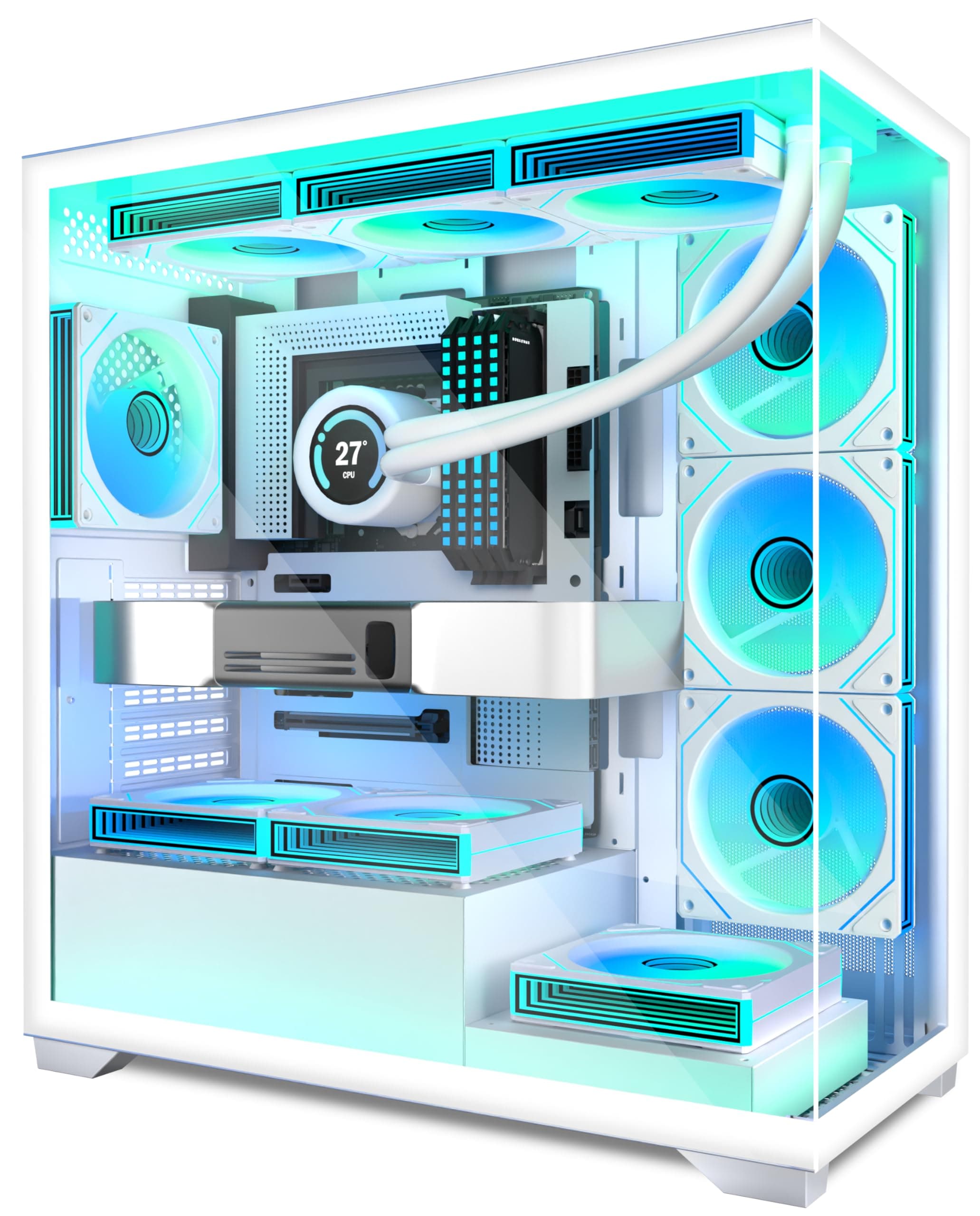 ANSAITE ATX PC-Gehäuse 7×120 mm ARGB PWM-Lüfter vorinstalliert ，Mid-Tower Gaming PC-Gehäuse, Vollansichtiges Doppel-Hartglas Computer-Gehäuse mit Type-C, 360mm Radiator Unterstützung Schwarz