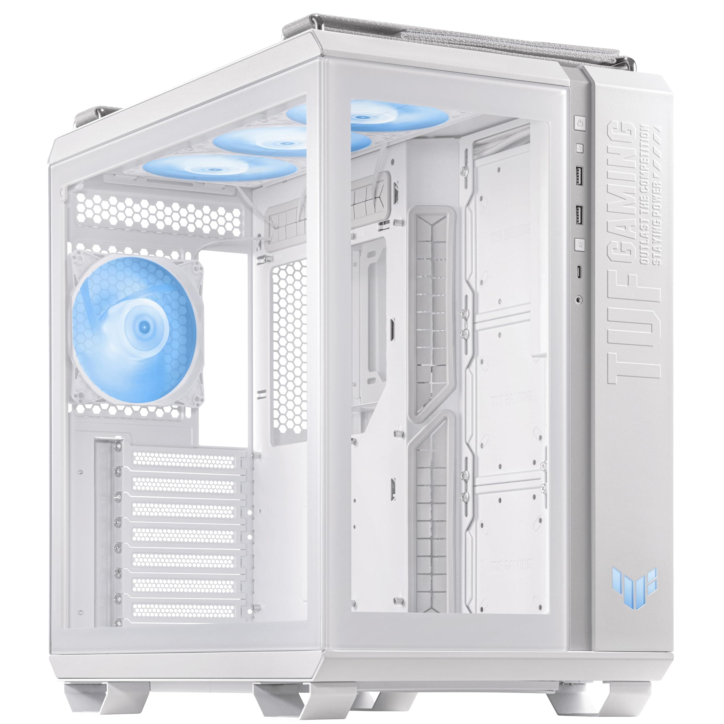ASUS TUF Gaming GT502 Plus TG White modulares PC Gehäuse (Zweikammer-Gehäuse, bis zu DREI Positionen für 360-mm-Radiatoren oder bis zu dreizehn 120-mm-Lüfter, Glasscheiben Panoramablick, weiß) Bild 2