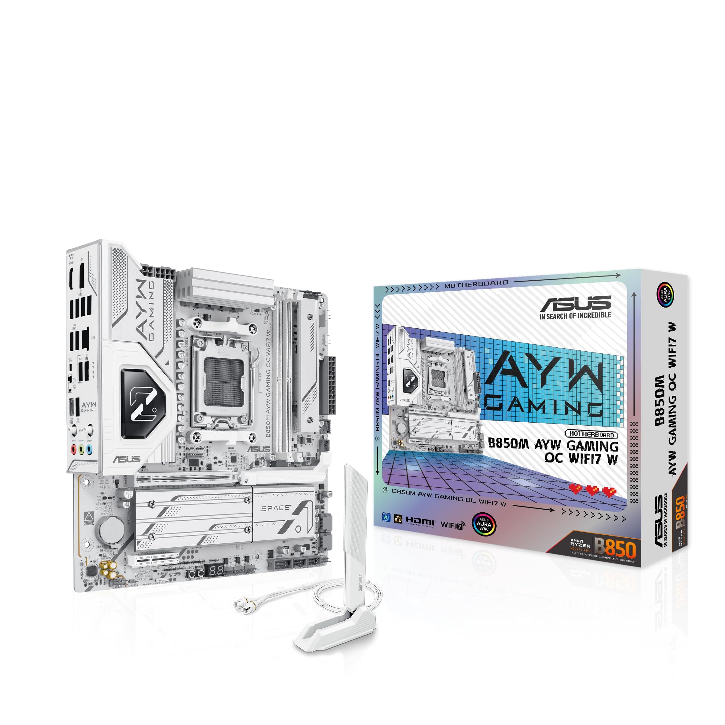 ASUS B850M AYW Gaming OC WIFI7 W, Motherboard AMD Micro-ATX, 12 + 2 + 1 Phasen, Stromversorgung, DDR5, PCIe 5.0, 3 M.2-Steckplätze, Wi-Fi 7, Ethernet Realtek 2,5 GB, USB-C mit 20 und 10 Gbit/s, BIOS Bild 3