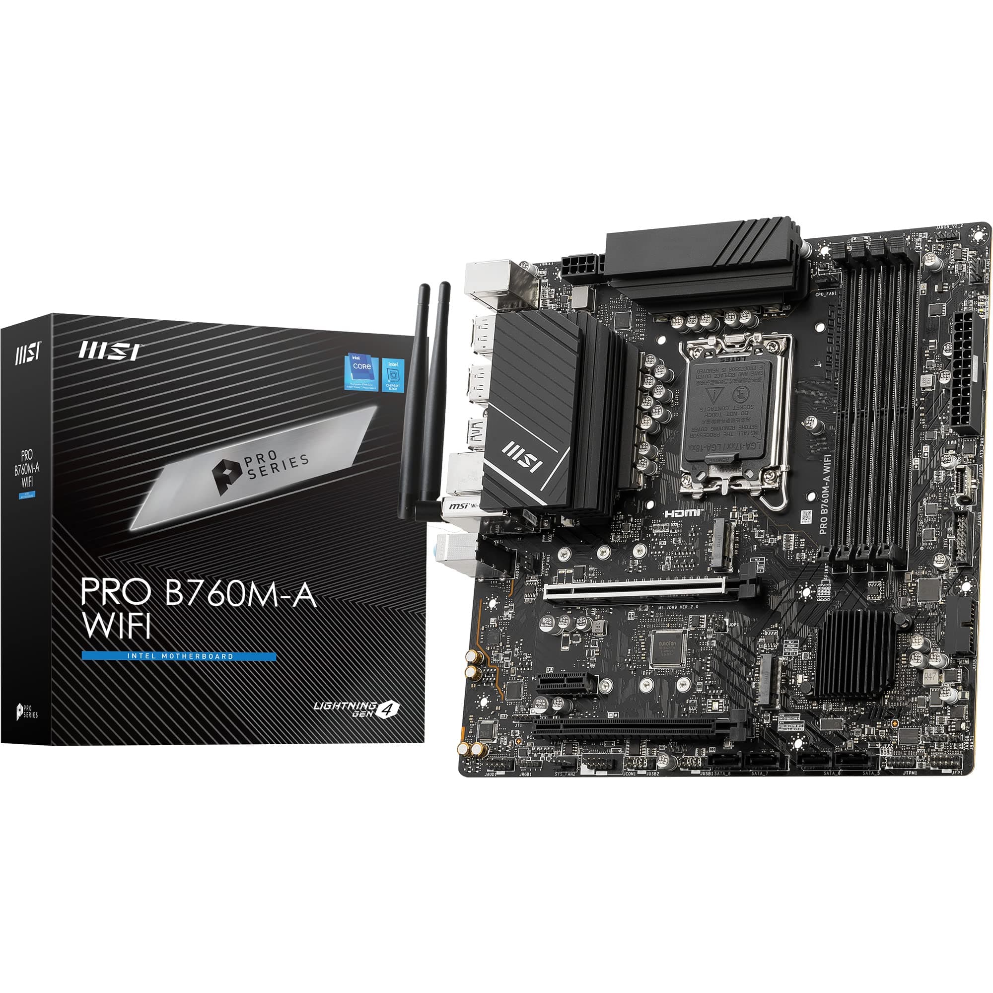 MSI PRO B760M-A WiFi Motherboard, Micro-ATX - Für Intel Core Prozessoren der 12., 13. & 14. Generation, LGA 1700 - DDR5 Memory Boost 6800+MHz/OC, PCIe 4.0 x16 Slot, M.2 Gen4 Slots, 2.5G LAN, Wi-Fi 6E Bild 2