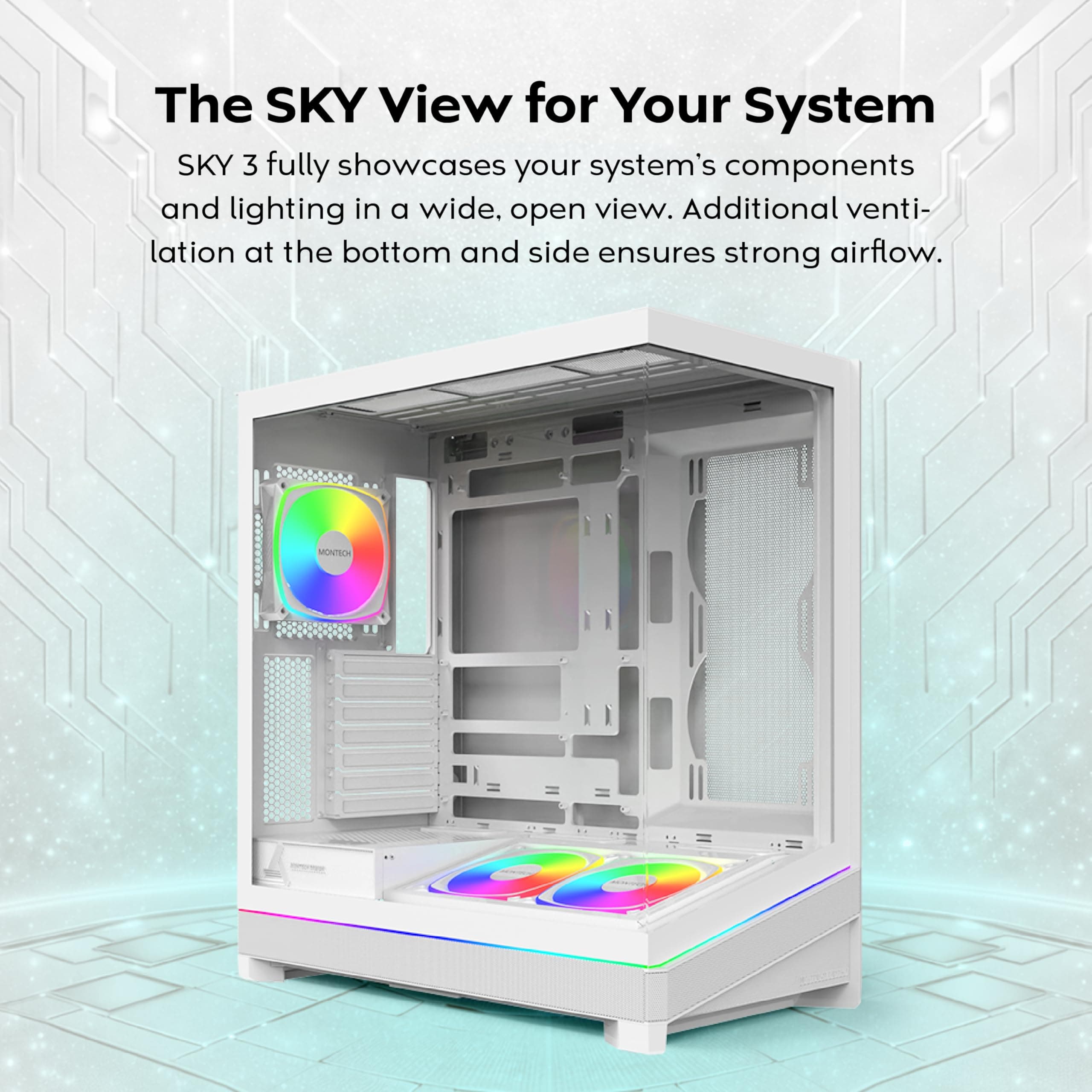 MONTECH Sky 3 ATX PC-Gehäuse, Panorama-Glas, Verstellbarer Luftstrom, personalisiertes Design, 360 mm Heizkörperunterstützung, 3 x 120 mm ARGB-PWM-Lüfter vorinstalliert, kompakte Bauweise für GPU der Bild 5
