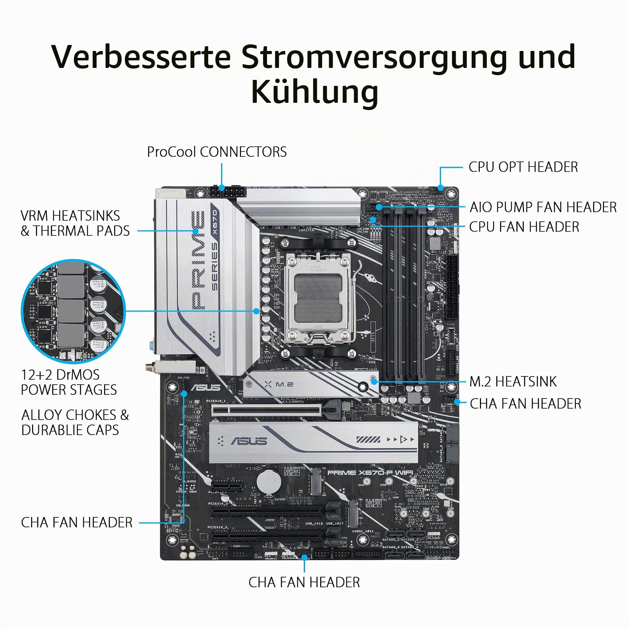ASUS Prime X670-P WiFi Gaming Mainboard Sockel AMD AM5 (Ryzen 7000, ATX, PCIe 5.0, 3X M.2, DDR5-Speicher, WiFi6, USB 3.2 Gen 2x2 Typ-C, Aura Sync RGB-Beleuchtung) Bild 3