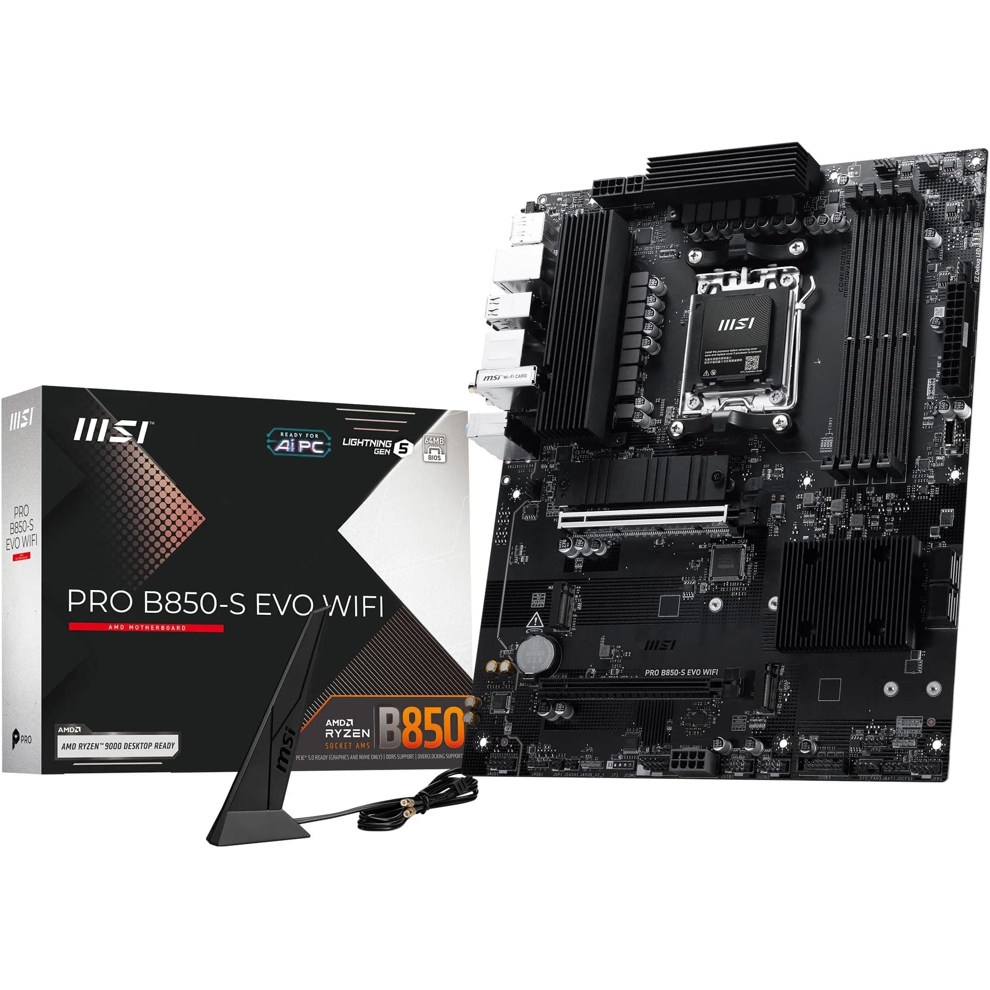 MSI PRO B850-S EVO WiFi Mainboard, ATX - Unterstützt AMD Ryzen 9000/8000 / 7000 Prozessoren, AM5 - DDR5 Memory Boost (bis zu 8200+ MT/s OC), PCIe 5.0 x16 & 4.0 x4, M.2 Gen5, Wi-Fi 7, 5G LAN Bild 2