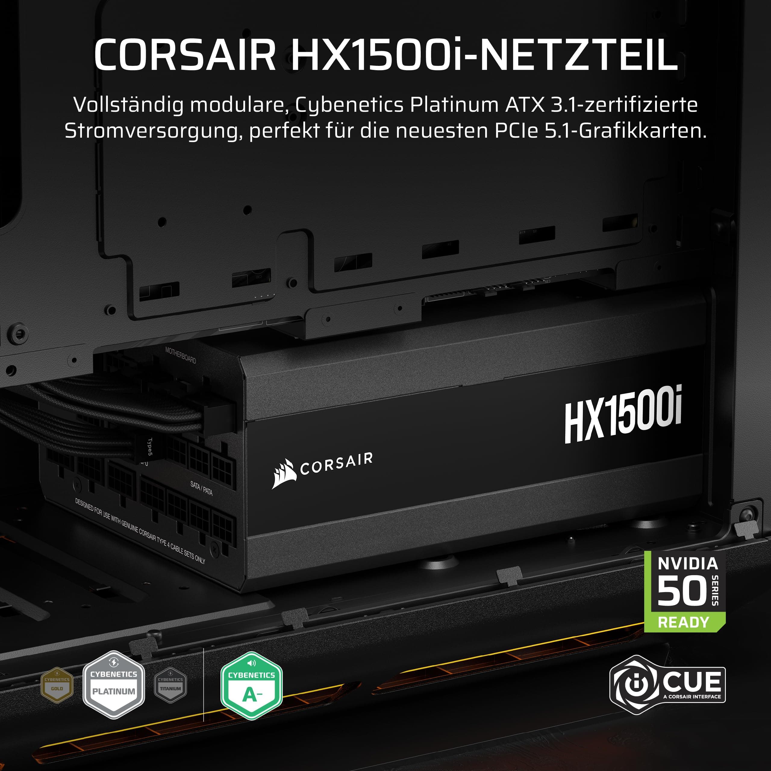 CORSAIR HX1500i (2025) Vollständig Modulares, Ultra-Rauscharmes ATX-Netzteil mit 12V-2x6-Kabel – ATX 3.1 & PCIe 5.1 konform, Cybenetics Platinum Wirkungsgrad – Schwarz | Mit Kabel, kompatibel mit ATX 3.1 und PCIe 5.1, Cybenetics Platinum Effizienz 1500 Watts Bild 3