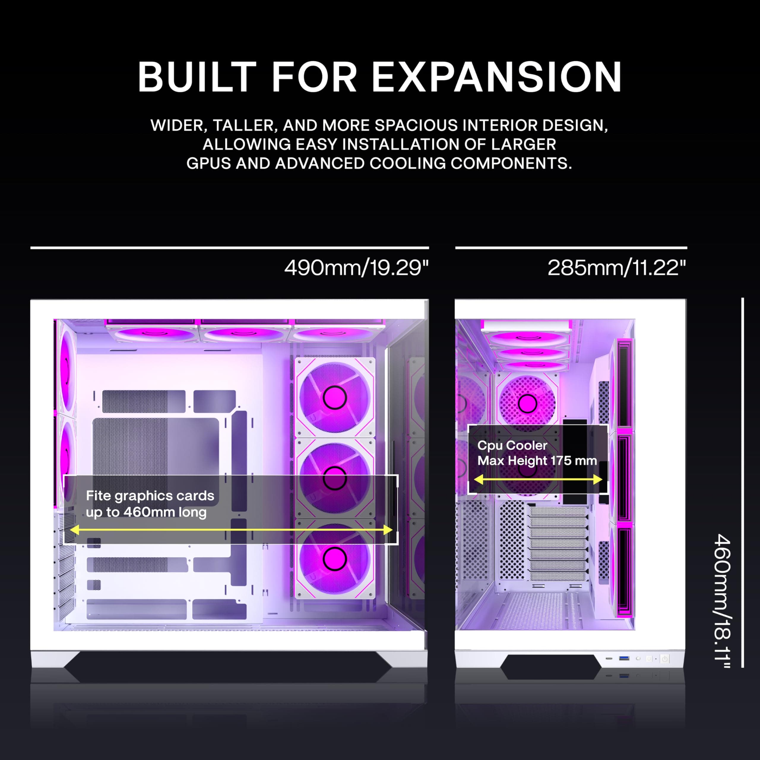 ANSAITE ATX PC-Gehäuse 7×120 mm ARGB PWM-Lüfter vorinstalliert ，Mid-Tower Gaming PC-Gehäuse, Panorama-Gehärtetes Glas Schwarz Computer-Gehäuse mit Typ-C, 360mm Radiator Unterstützung，H-D9 (Weiß) Bild 8