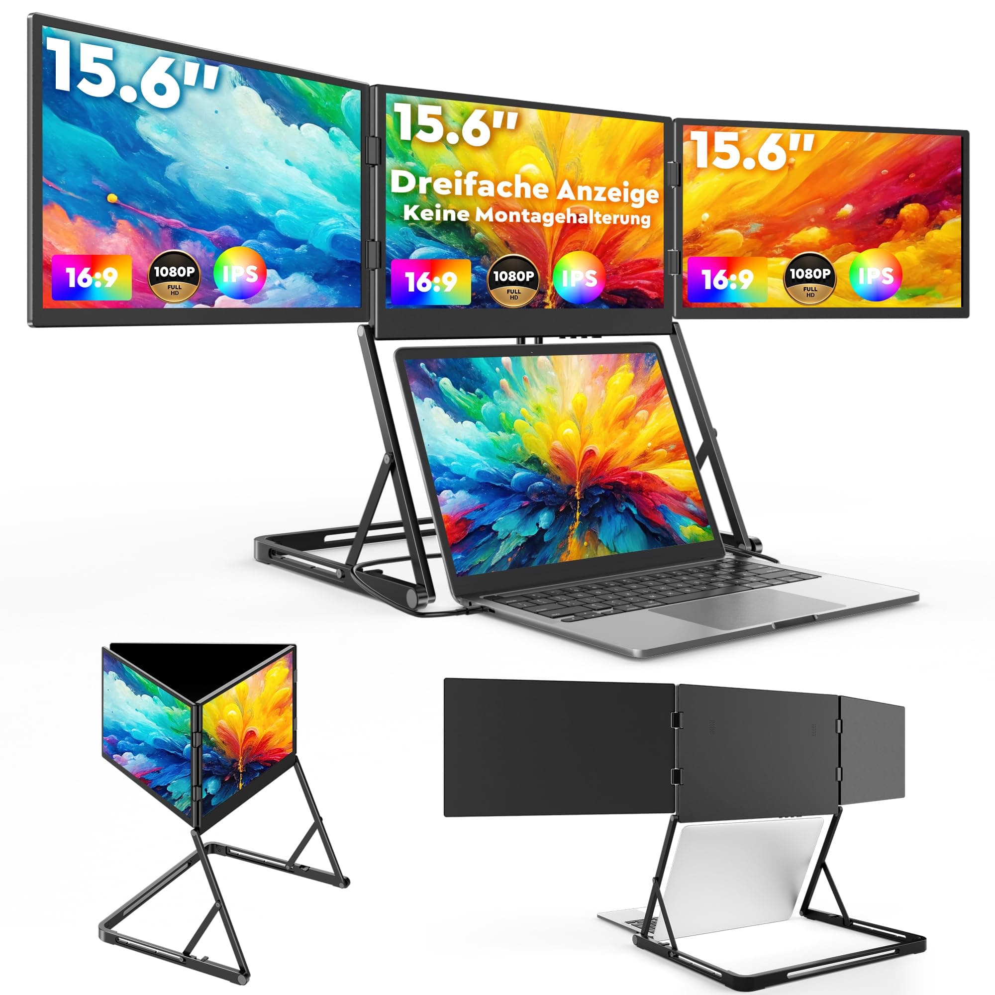 HONGO Laptop Bildschirm Erweiterung, 15.6" Triple Portable Monitor, 1080P FHD IPS Portable 3 Monitor, Laptop Screen Extender, Kompatibel mit Wins/Mac Laptops (Nur 2 Kabel für 3 Bildschirme) Triple 15,6 zoll Schwarz