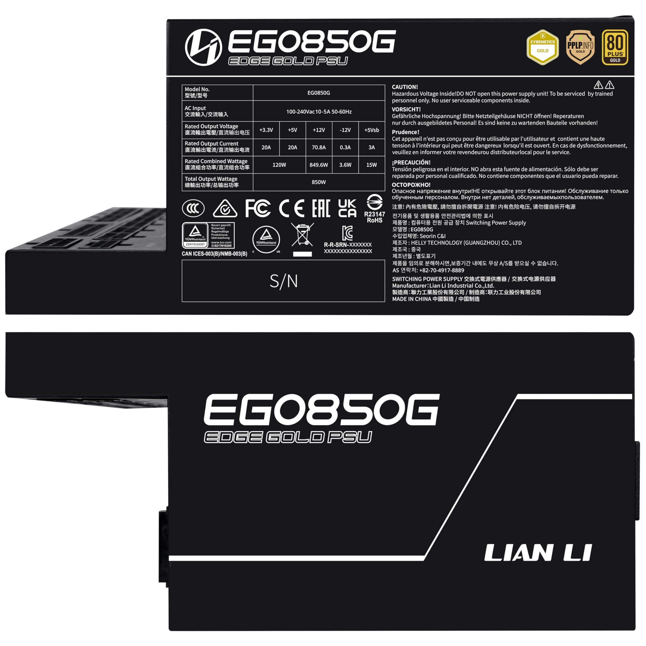 Lian Li Edge Gold 850 PC Netzteil Schwarz, 850 Watt ATX Netzteil, PCIe 5.1, ATX 3.1 PSU | 80 Plus Gold, modular, Sleeved Cable Kit, 12VHPWR für NVIDIA RTX, leiser Lüfter 850W Schwarz Bild 5