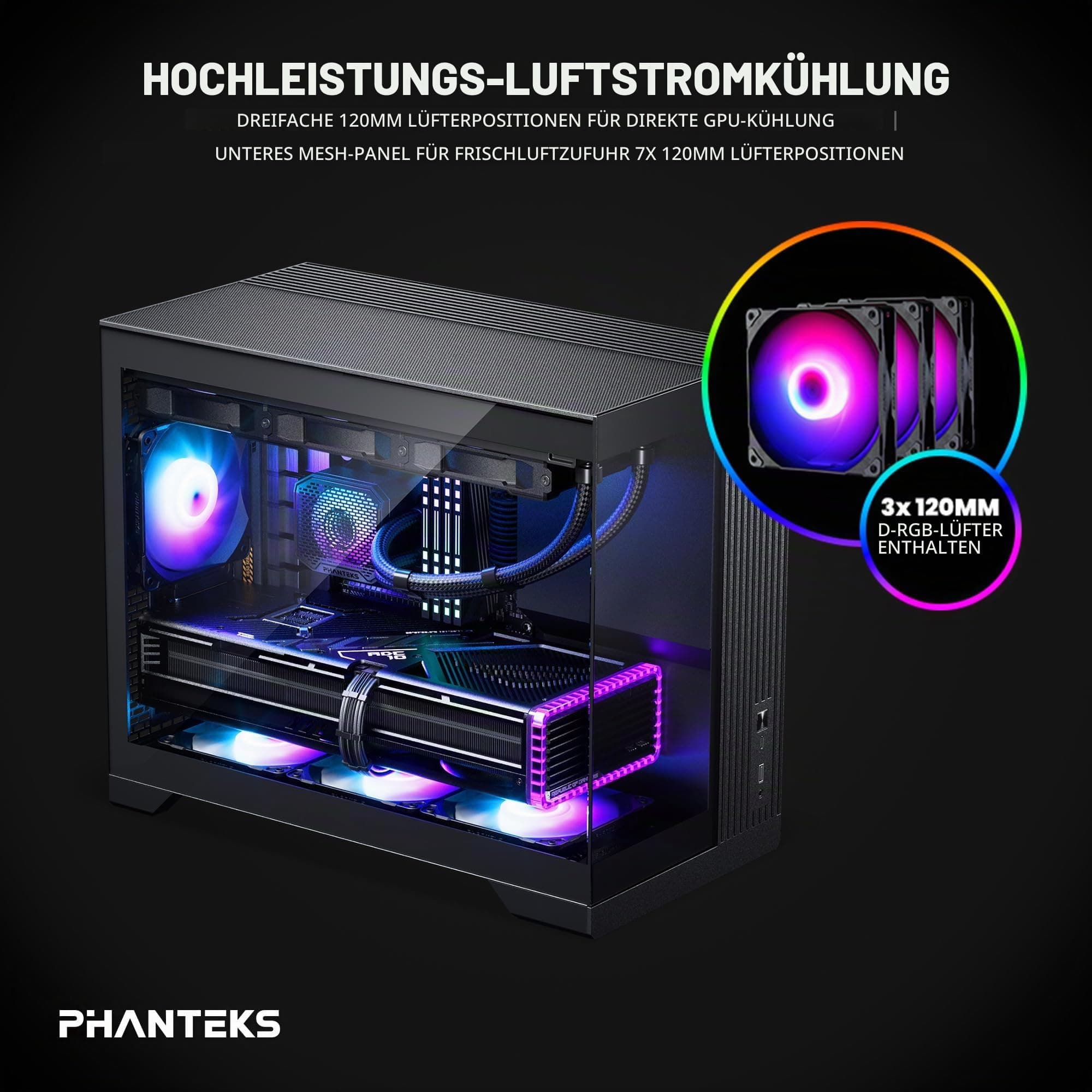 Phanteks XT V3 Mini-Tower PC-Gehäuse Schwarz – Kompaktes Micro-ATX Case mit Tempered Glass, Unterstützung für 360mm Radiator & 430mm Grafikkarten – mit 3X 120mm RGB Lüftern Bild 5