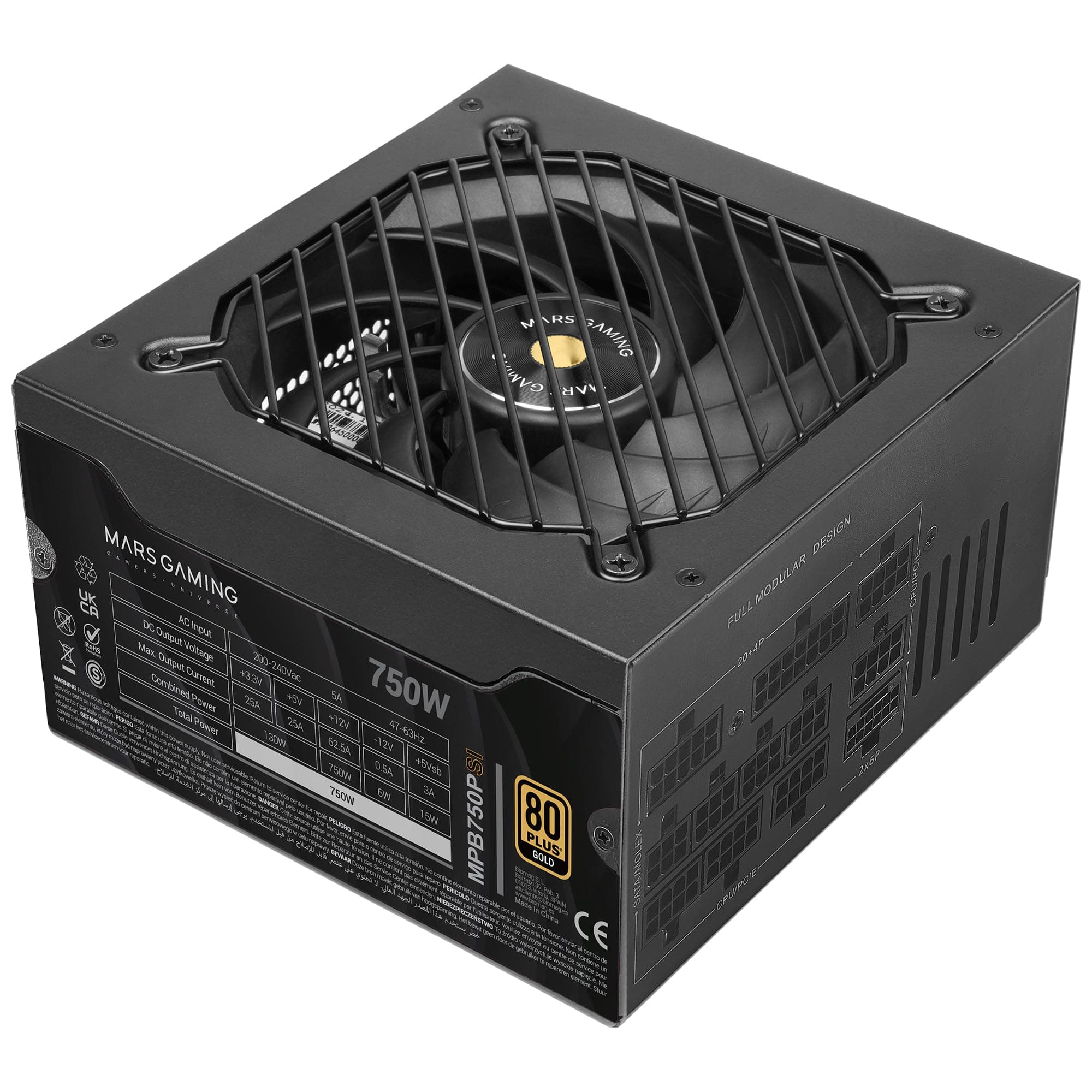 Mars Gaming MPB750PSI, PC-Netzteil Full Modular 750W, 10 Jahre Garantie, 80Plus Gold 90%, Lüfter SI Extreme Silence, Technologien AI2-RPM, DC-DC und SMD, ATX 3.1 und PCIe 5.1 Schwarz Bild 2