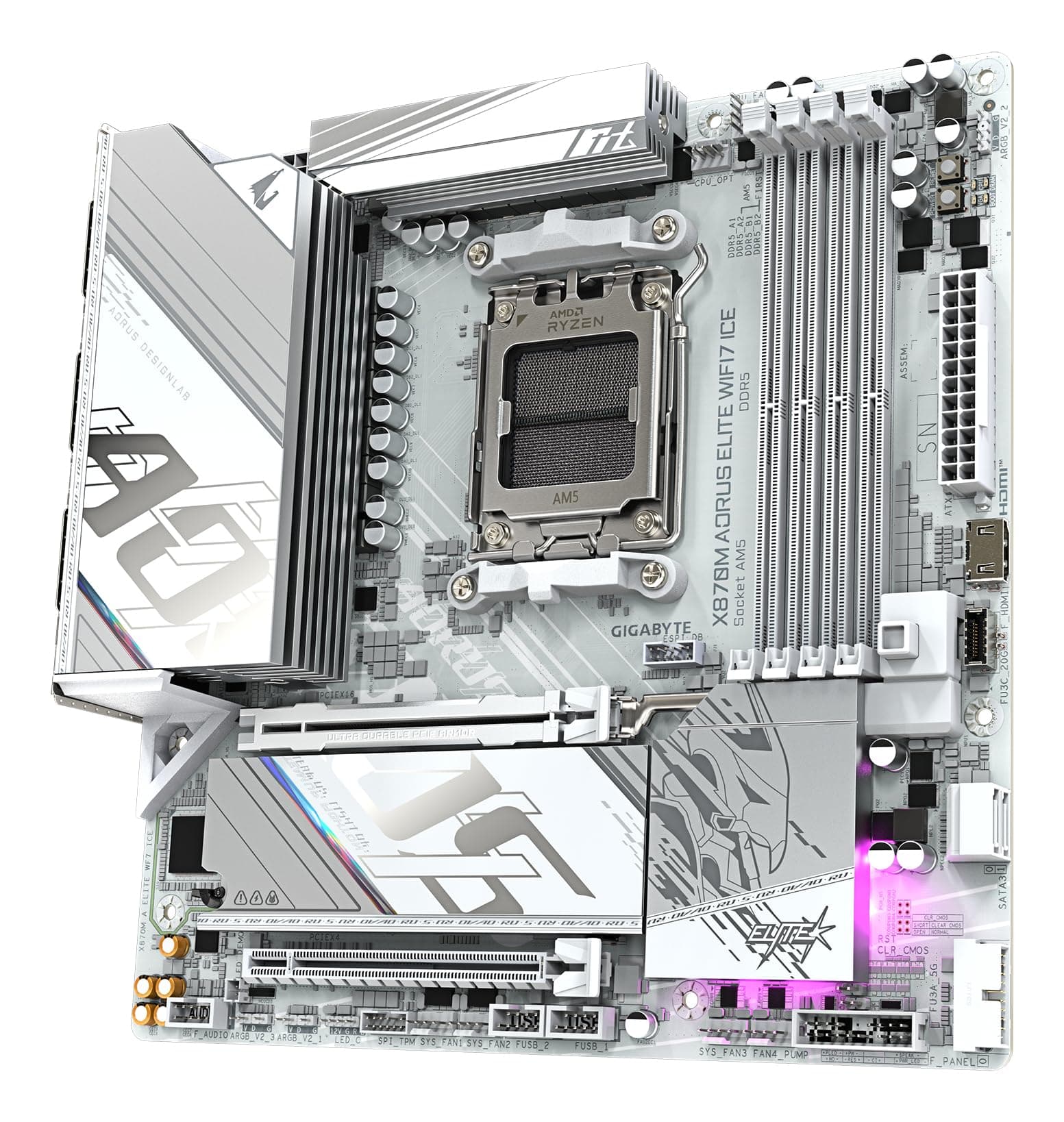GIGABYTE X870M AORUS Elite WIFI7 Ice Mainboard – Unterstützt AMD Ryzen 9000 CPUs, digitales 14+2+2-Phasen-VRM, bis zu 8200 Hz DDR5 (O.C), 1× PCIe 5.0 + 1× PCIe 4.0, Wi-Fi 7, 2.5-GbE-LAN, USB 4 Bild 5