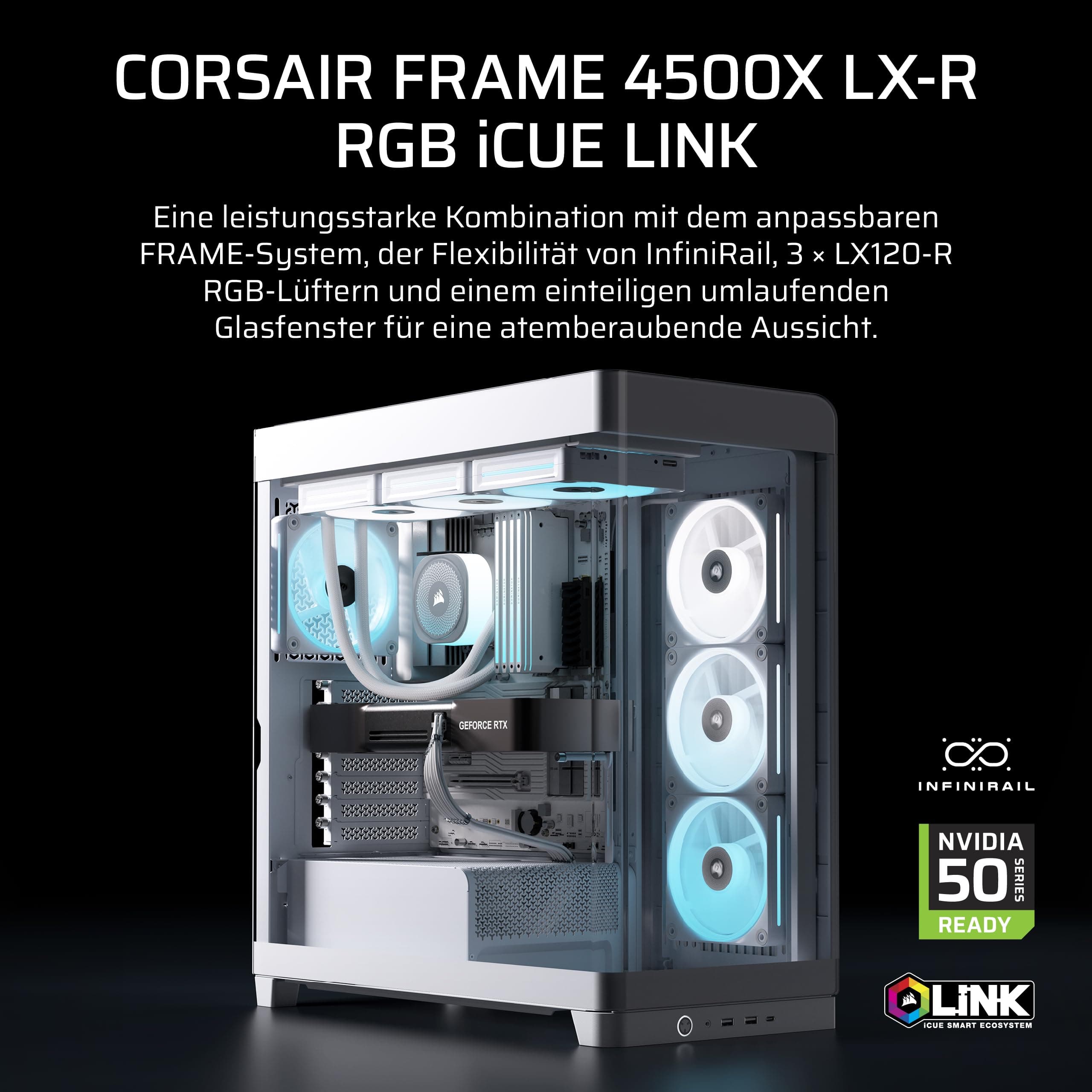 CORSAIR Frame 4500X LX-R RGB LINK Panoramaglas Mid-Tower-PC-Gehäuse – InfiniRail Lüftermontagesystem, Passend für Zwei 360 mm Radiatoren, GPU Anti-Sag, Enthält 3X LX120R RGB LINK Lüfter – Weiß Bild 3
