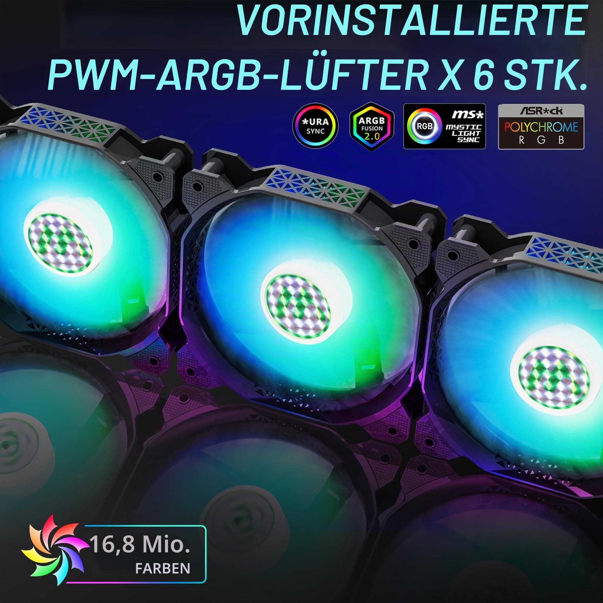 MUSETEX ATX PC Gehäuse Pre-Install 6 PWM ARGB Lüfter, Polygonal Mesh Computer Gaming Gehäuse, Öffnung gehärtetes Glas Seitenwand Mid-Tower Gehäuse, USB 3.0 x 2, Schwarz, NN8 Bild 3