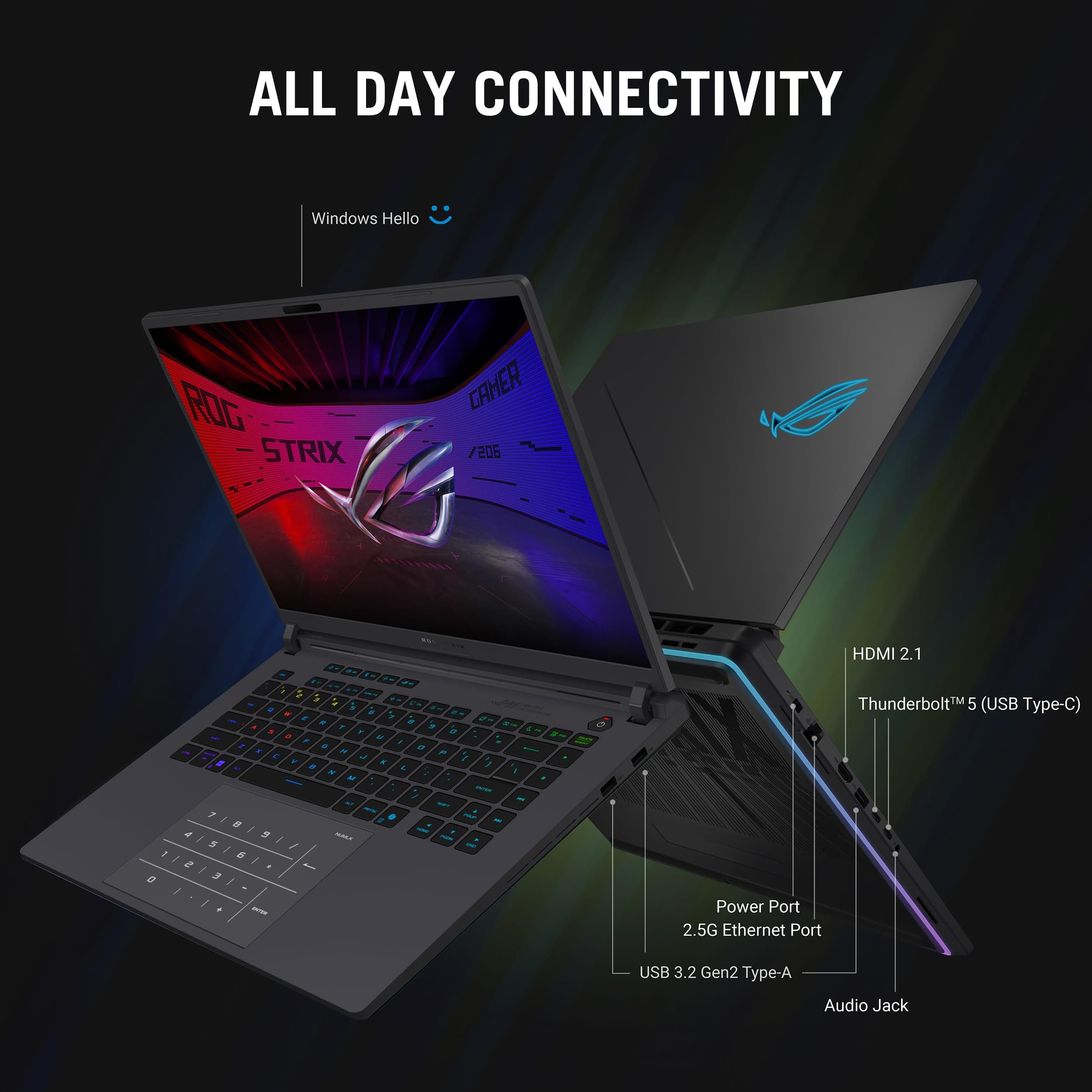 ASUS ROG Strix G16 (2025) Gaming Laptop, 16 Zoll ROG Nebula 16:10 2.5K 240Hz/3ms, NVIDIA® GeForce RTX™ 5080, Intel® Core Ultra 9 275HX, 32GB DDR5, 1TB PCIe Gen 4 SSD, Wi-Fi 7, Windows 11 Home G615L Bild 7