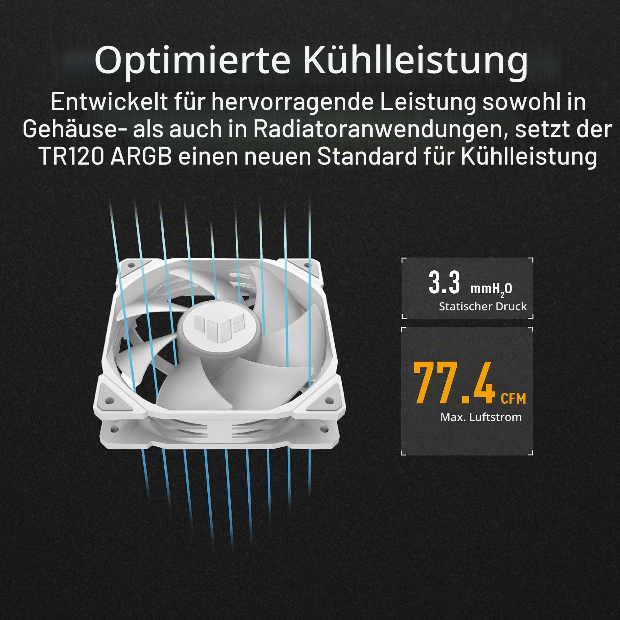 ASUS TUF Gaming TR120 ARGB Standard Blade White Gehäuselüfter Single Pack (120mm PWM PC Lüfter, 2000 RPM, 3,3 mm H2O, 77,4 CFM Luftstrom, 16 einzeln adressierbare RGB-LEDs, weiß) Bild 5