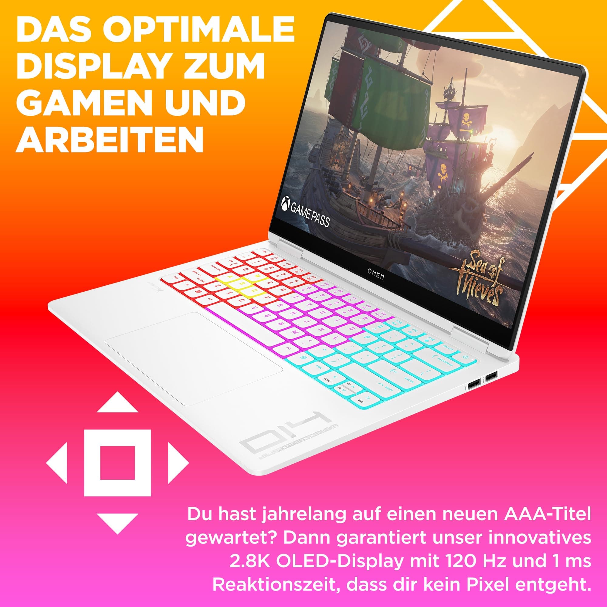 HP Omen Transcend Gaming Laptop, 14 Zoll 2,8K OLED 120Hz, Intel Core Ultra 7 155H, 16 GB DDR5 RAM, 1 TB SSD, NVIDIA GeForce RTX 4060 (8GB), QWERTZ, Windows 11, Weiß inkl. HyperX Cloud III Wireless NVIDIA GeForce RTX 4060 inkl. HyperX Cloud III Wireless + Xbox Game Pass Probemonat Bild 7