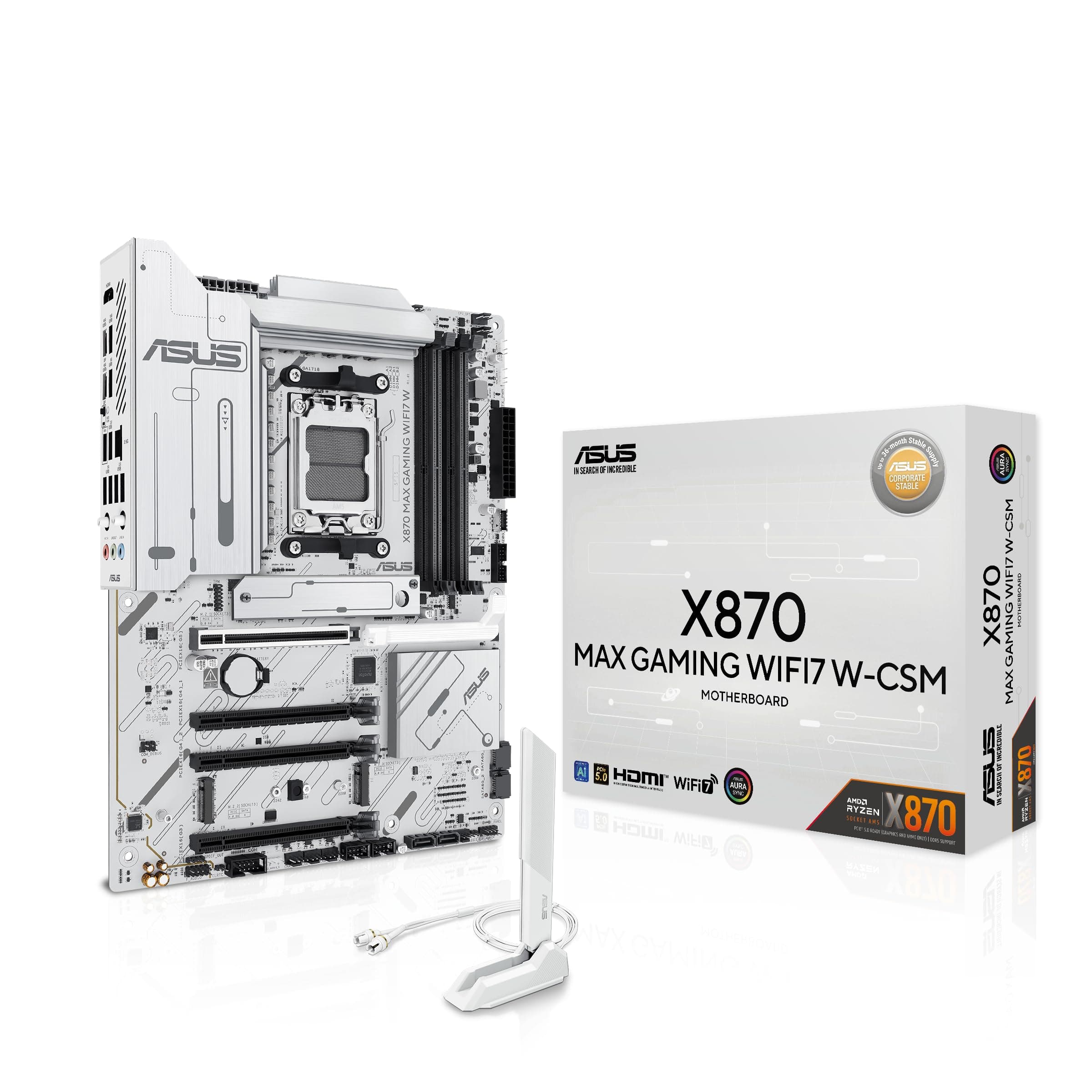 ASUS X870 MAX Gaming WIFI7W AMD AM5 ATX Motherboard, 8-lagige weiße PCB, 12+2+1 80A DrMOS, DDR5, PCIe 5.0 x16 Q-Release, 3X M.2, Wi-Fi 7 Q-Antenne, USB4® Type-C®, 2,5 GB LAN, BIOS Flashback™, Aura