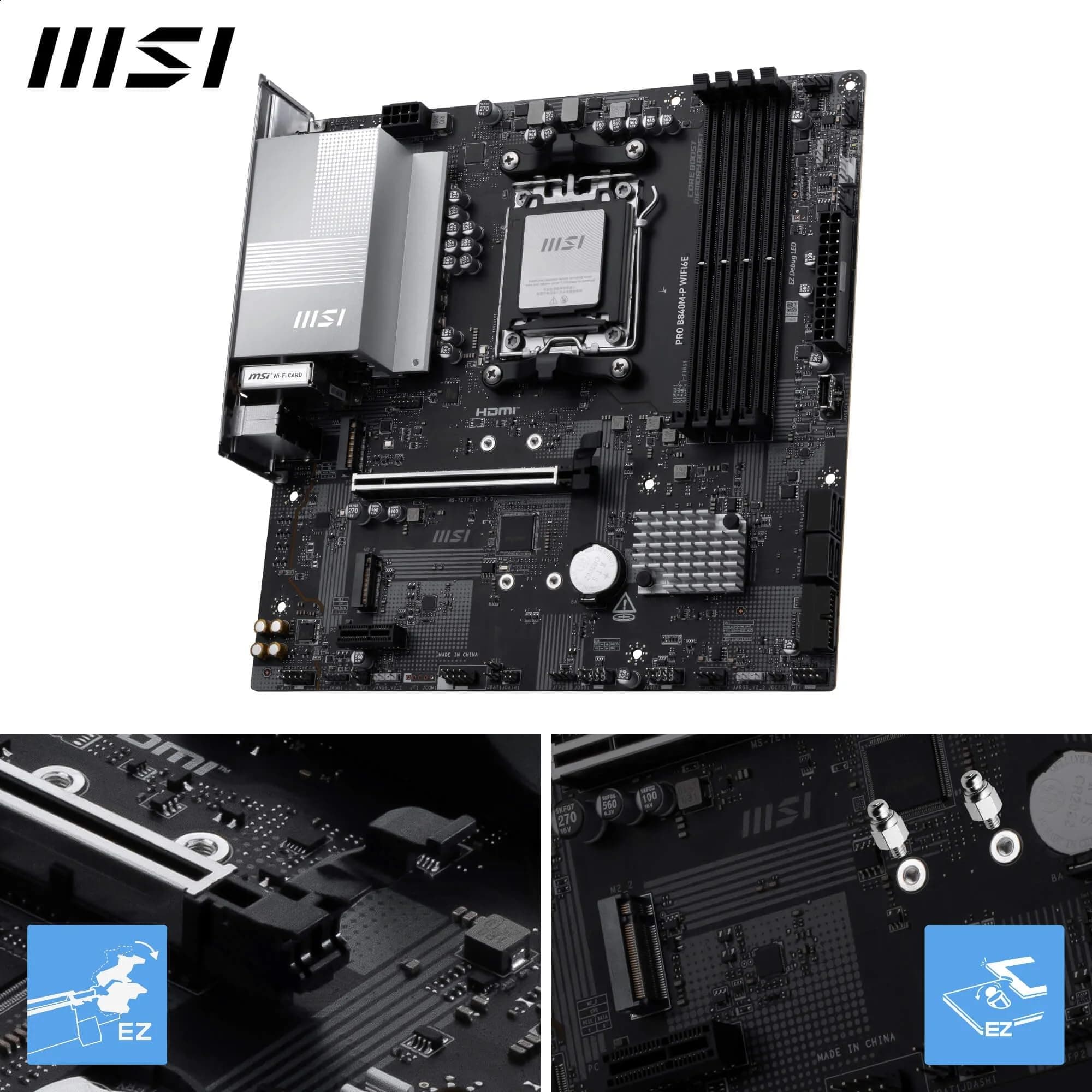 MSI PRO B840M-P WIFI6E Mainboard, mATX - Unterstützt AMD Ryzen 9000/8000 / 7000 Prozessoren, AM5 - DDR5 Memory Boost (8000+ MT/s OC), PCIe 4.0 x16, M.2 Gen4, Wi-Fi 6E, 2.5G LAN Bild 5