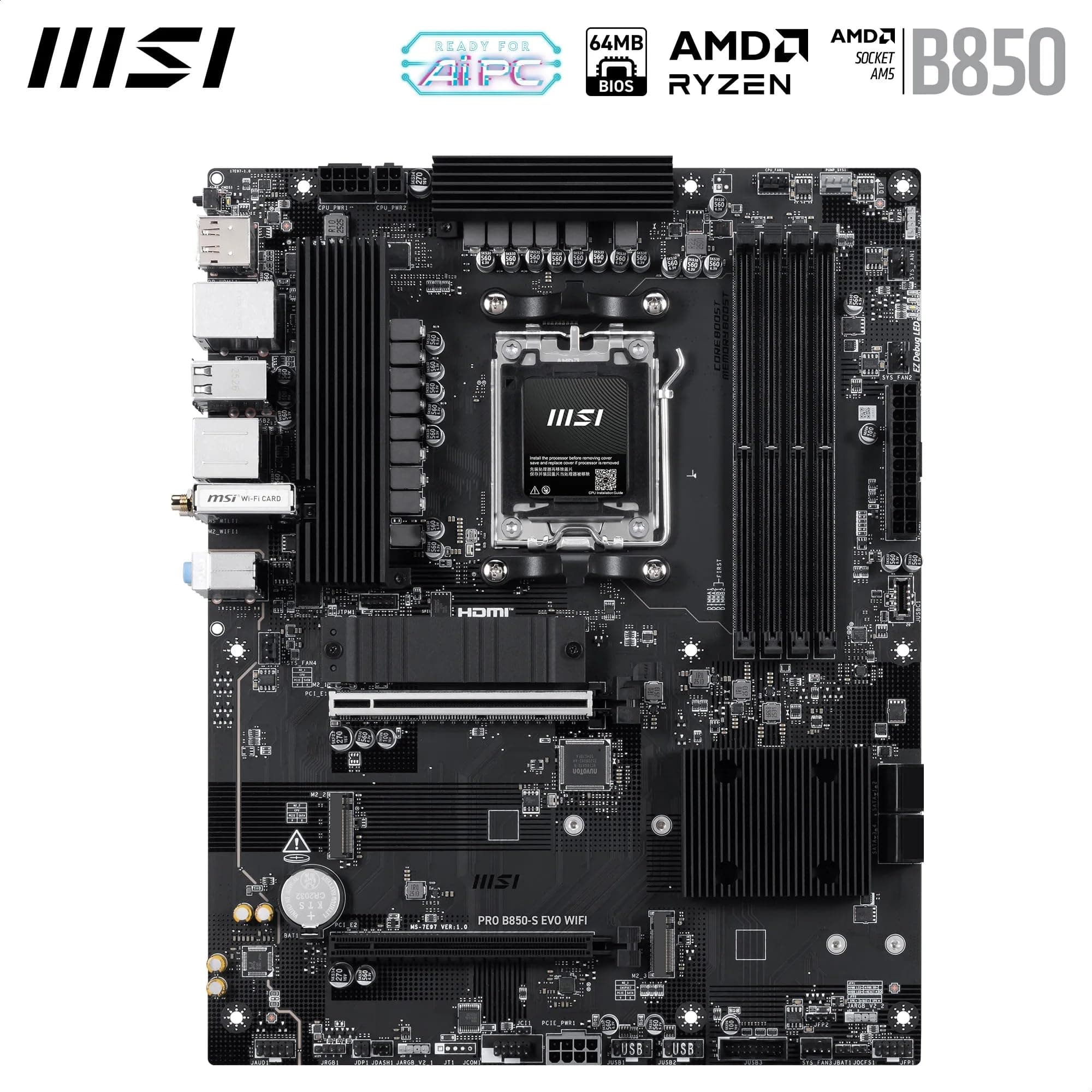 MSI PRO B850-S EVO WiFi Mainboard, ATX - Unterstützt AMD Ryzen 9000/8000 / 7000 Prozessoren, AM5 - DDR5 Memory Boost (bis zu 8200+ MT/s OC), PCIe 5.0 x16 & 4.0 x4, M.2 Gen5, Wi-Fi 7, 5G LAN Bild 3