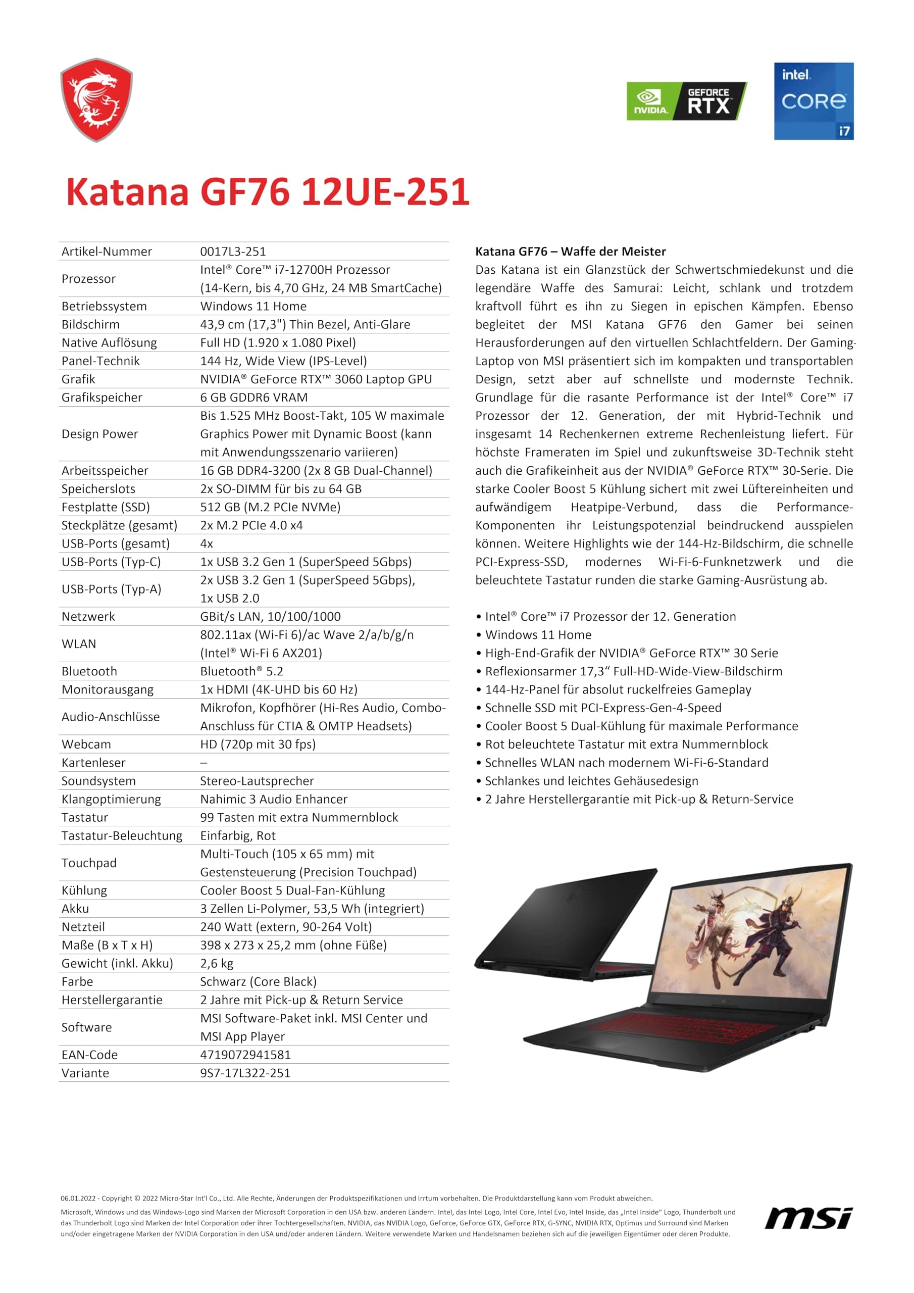 MSI Katana GF76 Gaming Laptop | 17.3" FHD 144 Hz Display | Intel Core i7-12700H | 16GB RAM | 512GB SSD Speicher | Nvidia RTX 3060 Grafik | QWERTZ Tastatur | Windows 11 Intel Core i7-12700H RTX 3060 6GB Bild 2