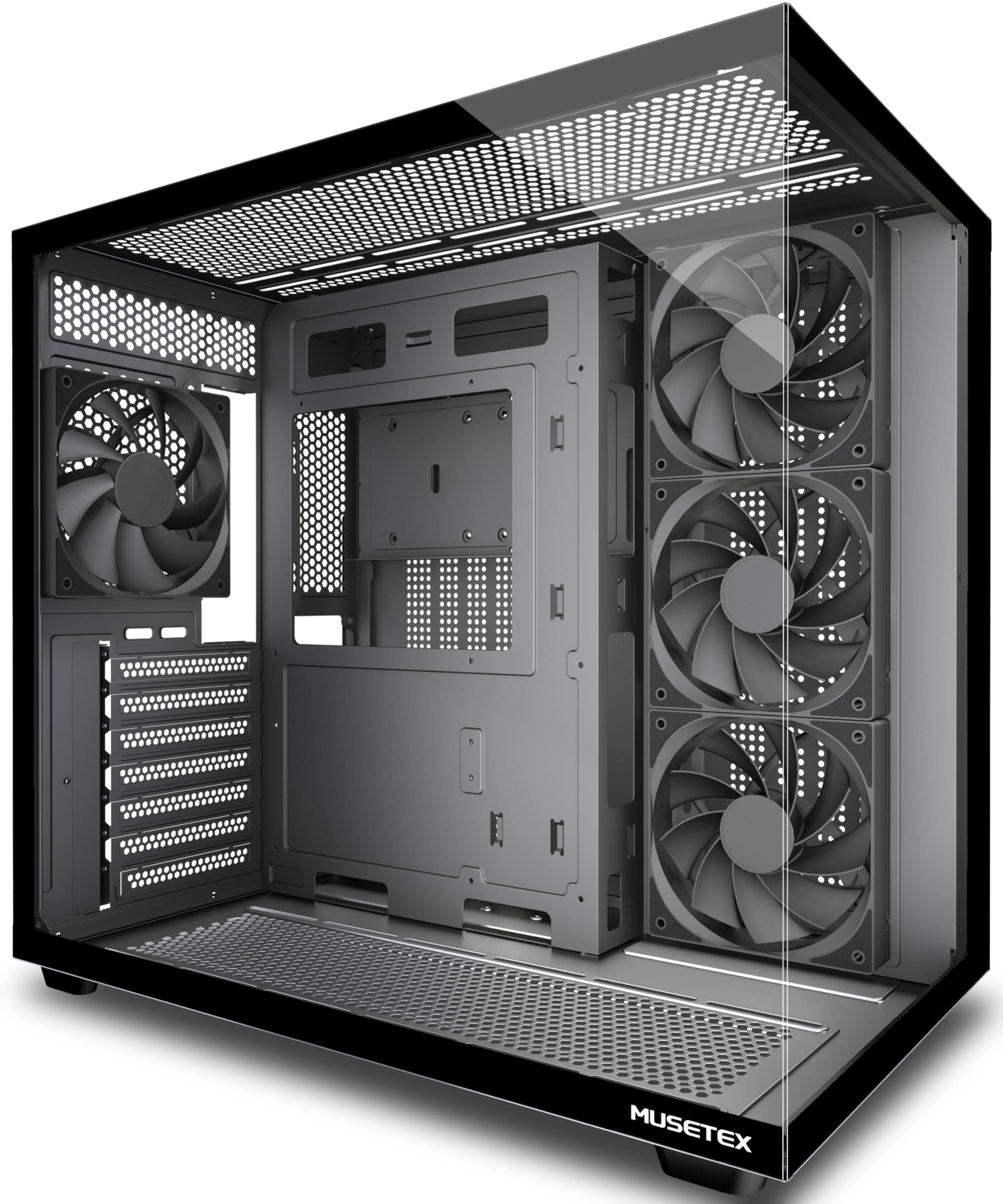 MUSETEX Y6 PC Gehäuse Vorinstallation 4 Nicht-LED-Lüfter, ATX Mid Tower Computer Gehäuse, ATX Gehäuse mit Type-C, 270° Full View Tempered Glass, Schwarz Bild 2