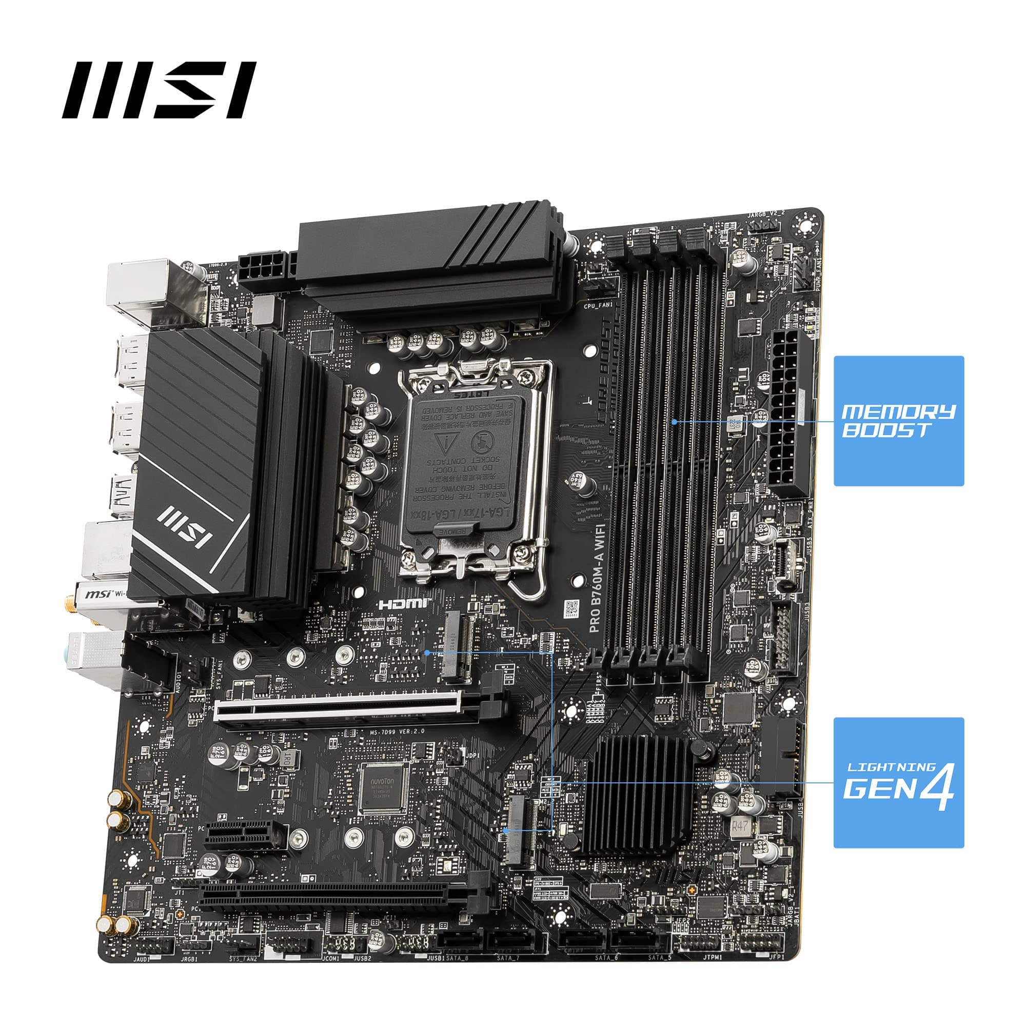 MSI PRO B760M-A WiFi Motherboard, Micro-ATX - Für Intel Core Prozessoren der 12., 13. & 14. Generation, LGA 1700 - DDR5 Memory Boost 6800+MHz/OC, PCIe 4.0 x16 Slot, M.2 Gen4 Slots, 2.5G LAN, Wi-Fi 6E Bild 5