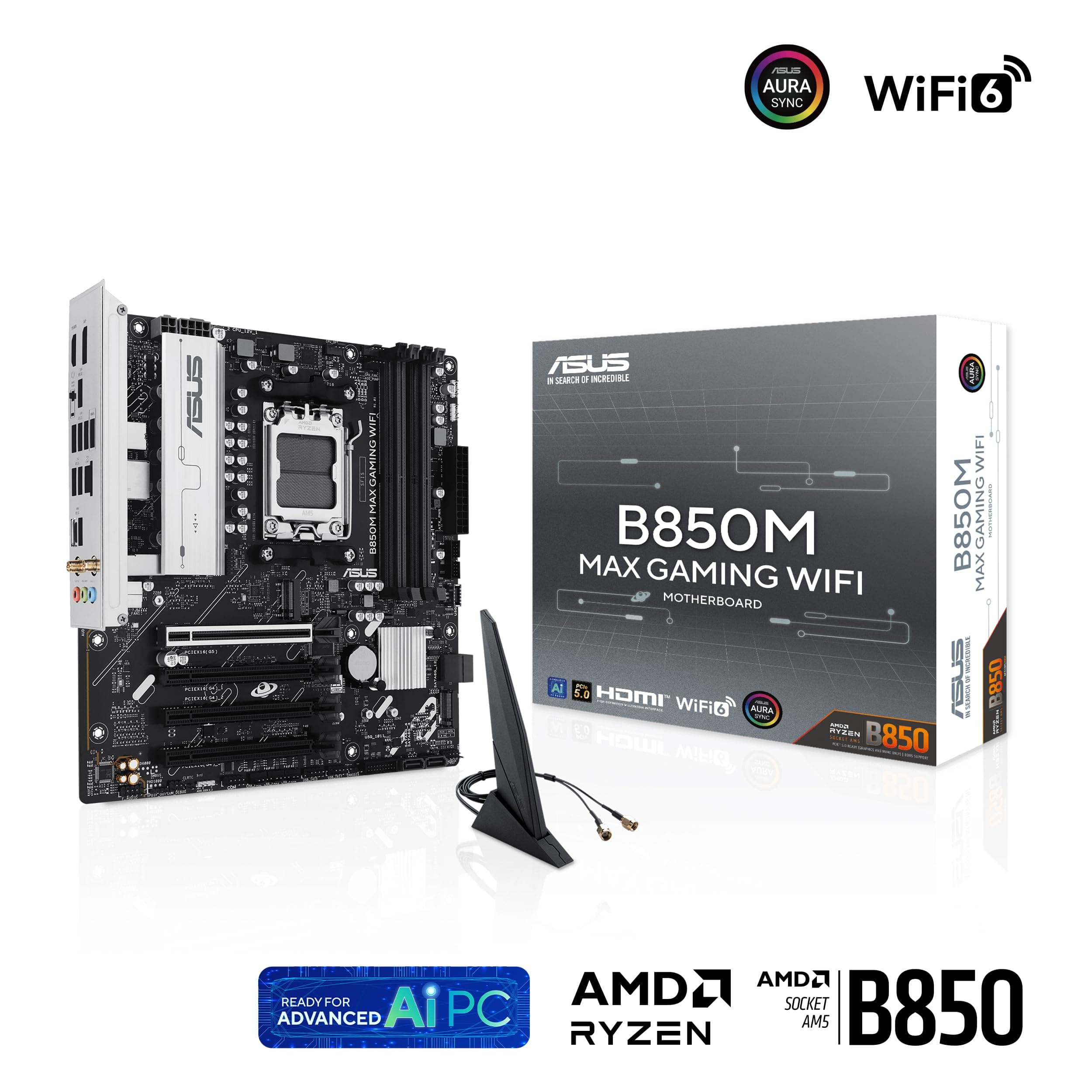 ASUS B850M MAX Gaming Mainboard Sockel AMD AM5 (mATX, DDR5, PCIe 5.0, 3X M.2, WiFi 6, BIOS Flashback, Aura Sync, Q-LED Core) Bild 3