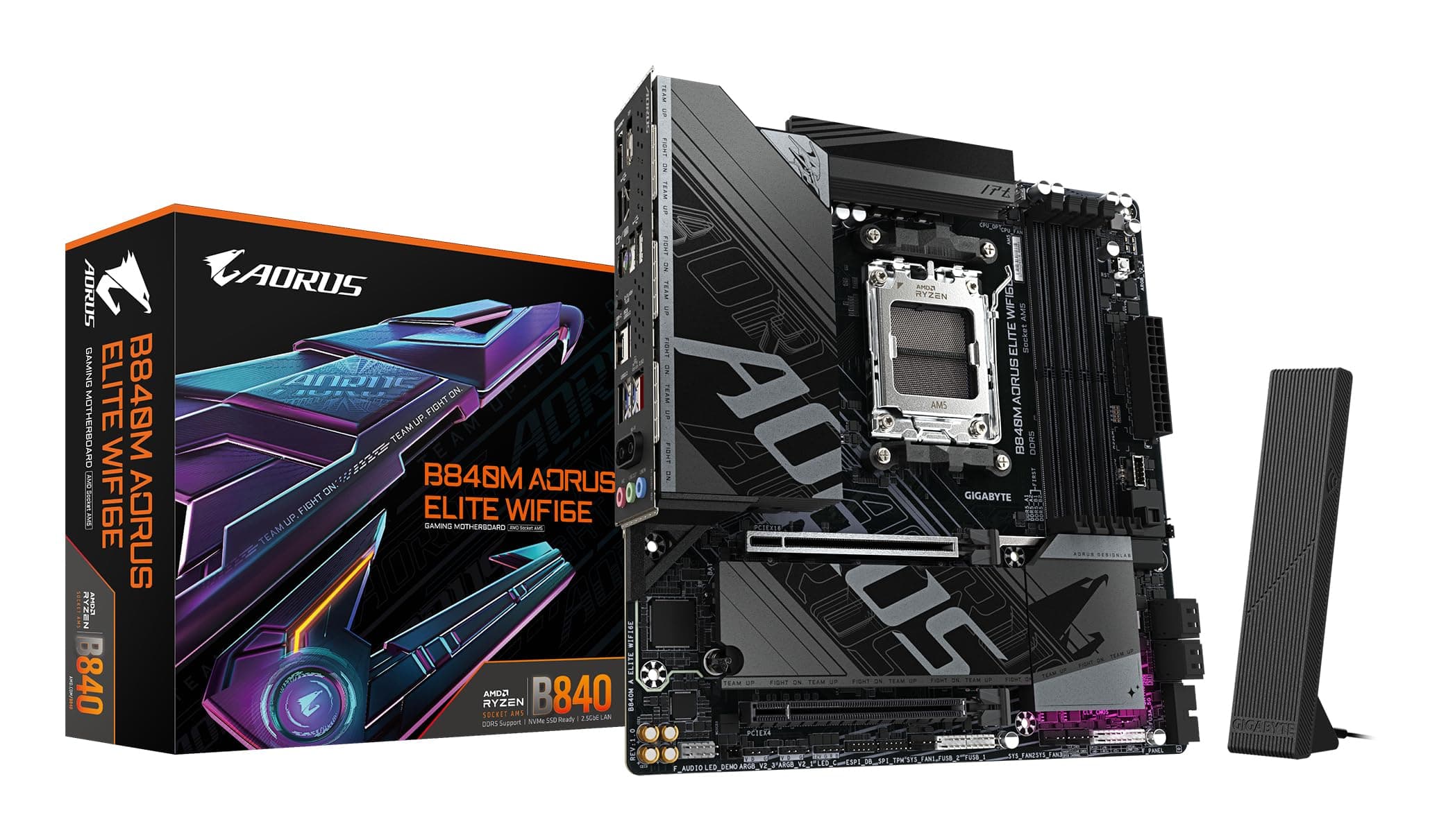 GIGABYTE B840M AORUS Elite WIFI6E Mainboard – AMD Ryzen 9000 Prozessoren, 10+2+2 Phasen VRM, bis zu 8200 MHz DDR5 (O.C.), 2 x M.2 PCIe 4.0, Wi-Fi 6E, 2.5 GbE LAN, USB 3.2 Gen 2 Bild 2