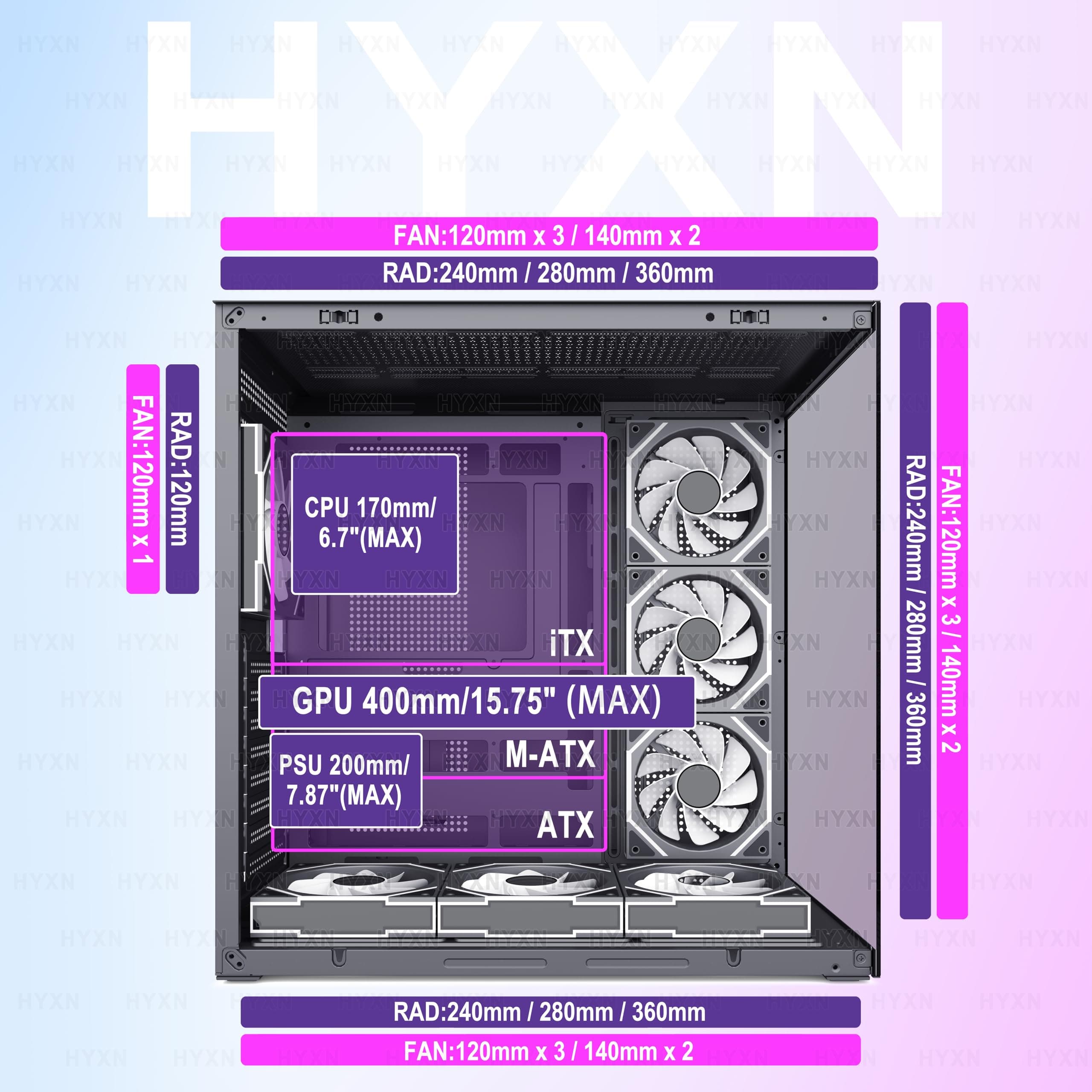 H1 ATX PC Gehäuse – Vorinstallierte 7 Infinity Mirror PWM ARGB Lüfter, Dual Kammer Mid Tower Gaming PC Gehäuse, mit Type-C, gleichzeitige Installation von 3X 360 mm Kühler (schwarz-M, H1) H1 schwarz-M Bild 7