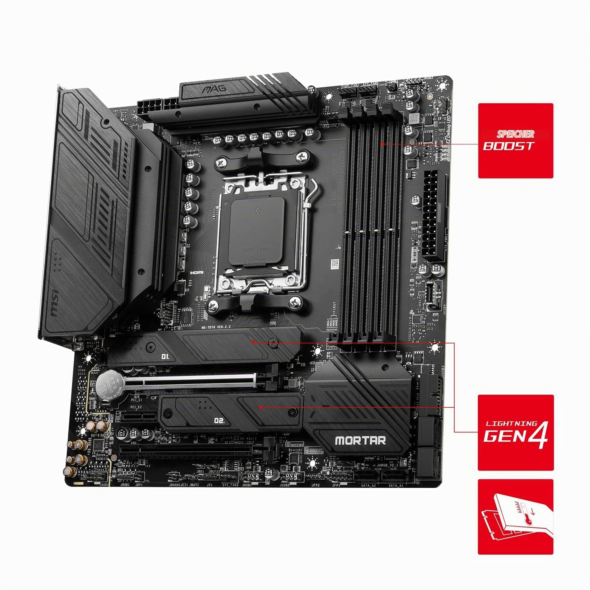 MSI MAG B650M Mortar WiFi Mainboard, Micro-ATX - Unterstützt Ryzen 9000, 8000 & 7000 Serie Prozessoren, AM5-12 Duet Rail 80A VRM, DDR5 6400+MHz/OC, 2 X PCIe 4.0 X16, 2 X M.2 Gen4, Wi-Fi 6E Bild 5