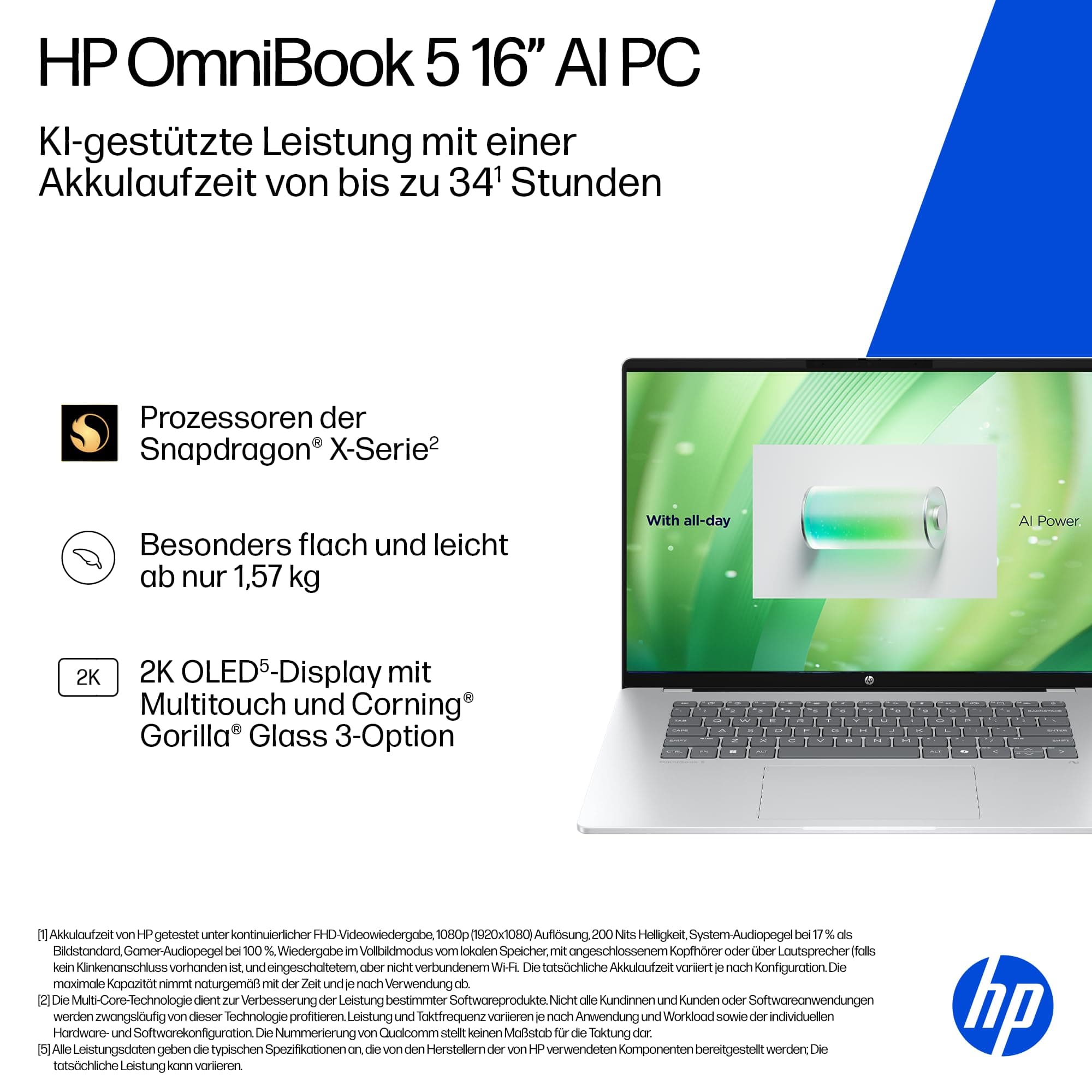 HP OmniBook 5 Next Gen AI Laptop PC, 16 Zoll 2K OLED Touch, Snapdragon X1-26-100 Prozessor (45 NPU-Tops), 16 GB LPDDR5x RAM, 512 GB PCIe SSD, Qualcomm Adreno GPU, Windows 11 Home, QWERTZ, Silber QC Snapdragon X1-26-100 Bild 5