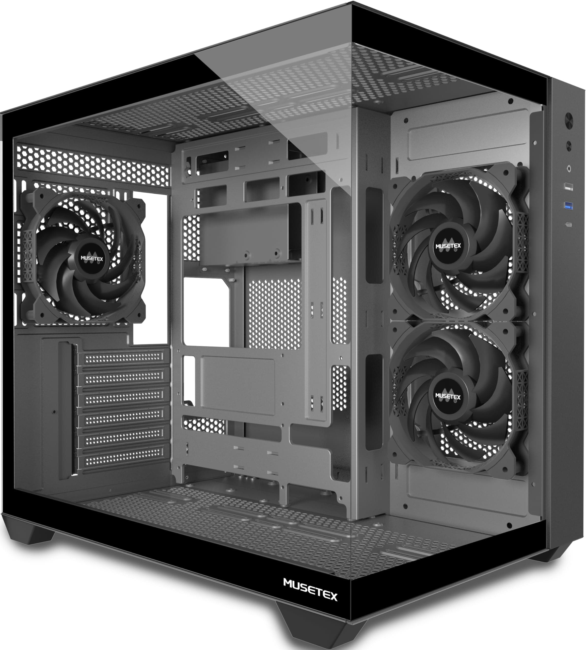MUSETEX PC Gehäuse ATX, 3 Non-LED Lüfter vorinstalliert Gaming PC Gehäuse, 270° Full-View Tempered Glass PC Case mit Type-C, Mid Tower ATX Computer Gehäuse, Schwarz, Y6 42T x 29,5B x 36,8H cm