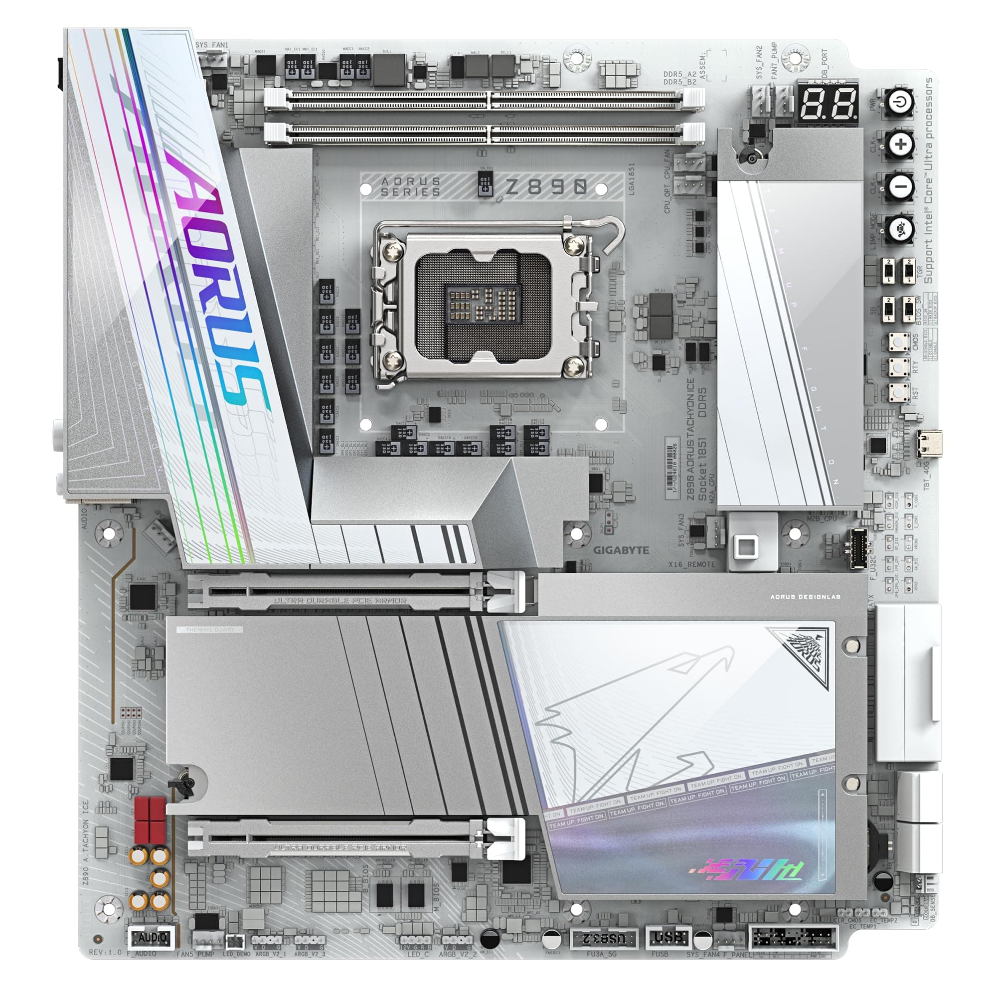 GIGABYTE Z890 AORUS Tachyon Ice Mainboard – Intel Core Ultra (Serie 2) Prozessoren, 18+1+2 Phasen VRM, bis zu 9500 MHz DDR5 (O.C), 1 x PCIe 5.0 + 3 x PCIe 4.0, Wi-Fi 7, 5 GbE LAN, USB 3.2 Gen 2x2 Bild 3