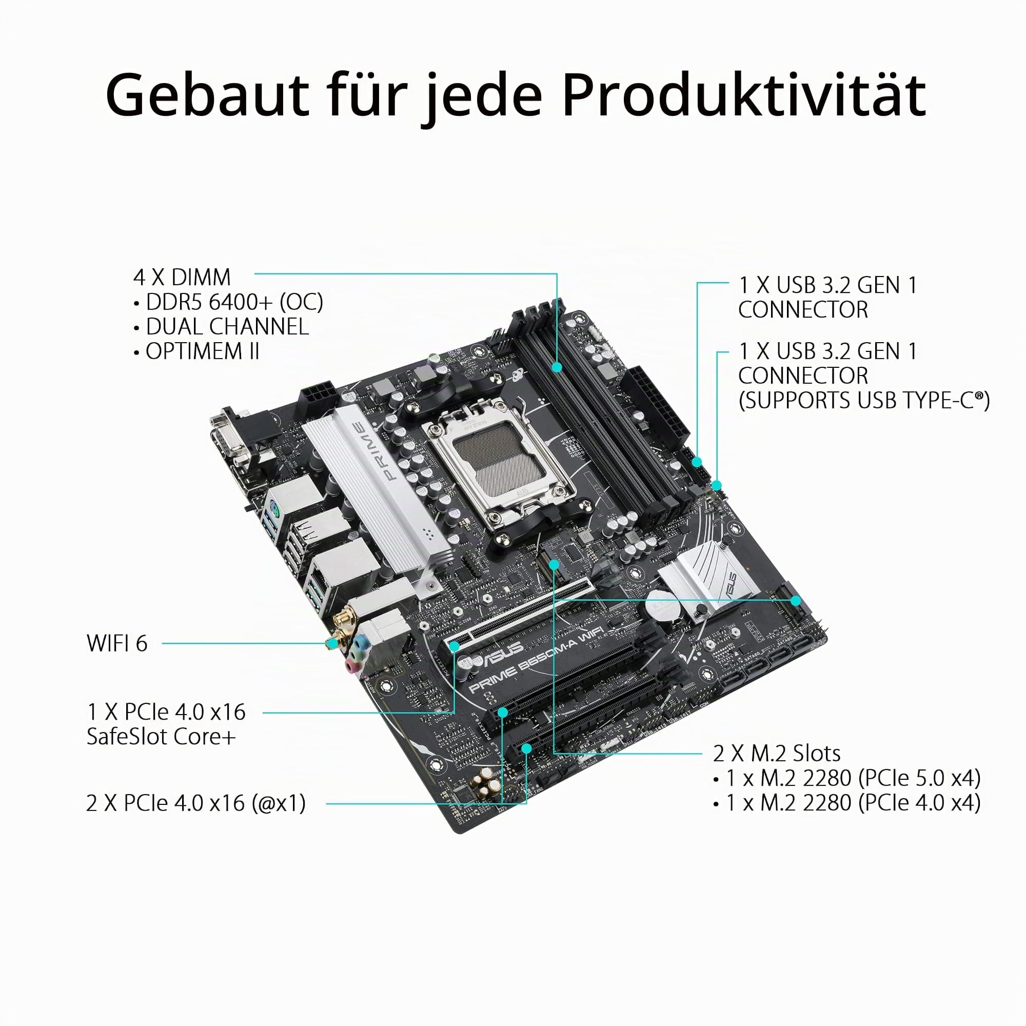 ASUS Prime B650M-A WIFI Gaming Mainboard Sockel AMD AM5 (Ryzen 7000, micro-ATX, DDR5 Speicher, PCIe 5.0, WiFi 6, BIOS Flashback, USB 3.2 Gen 2, Aura Sync) Bild 5