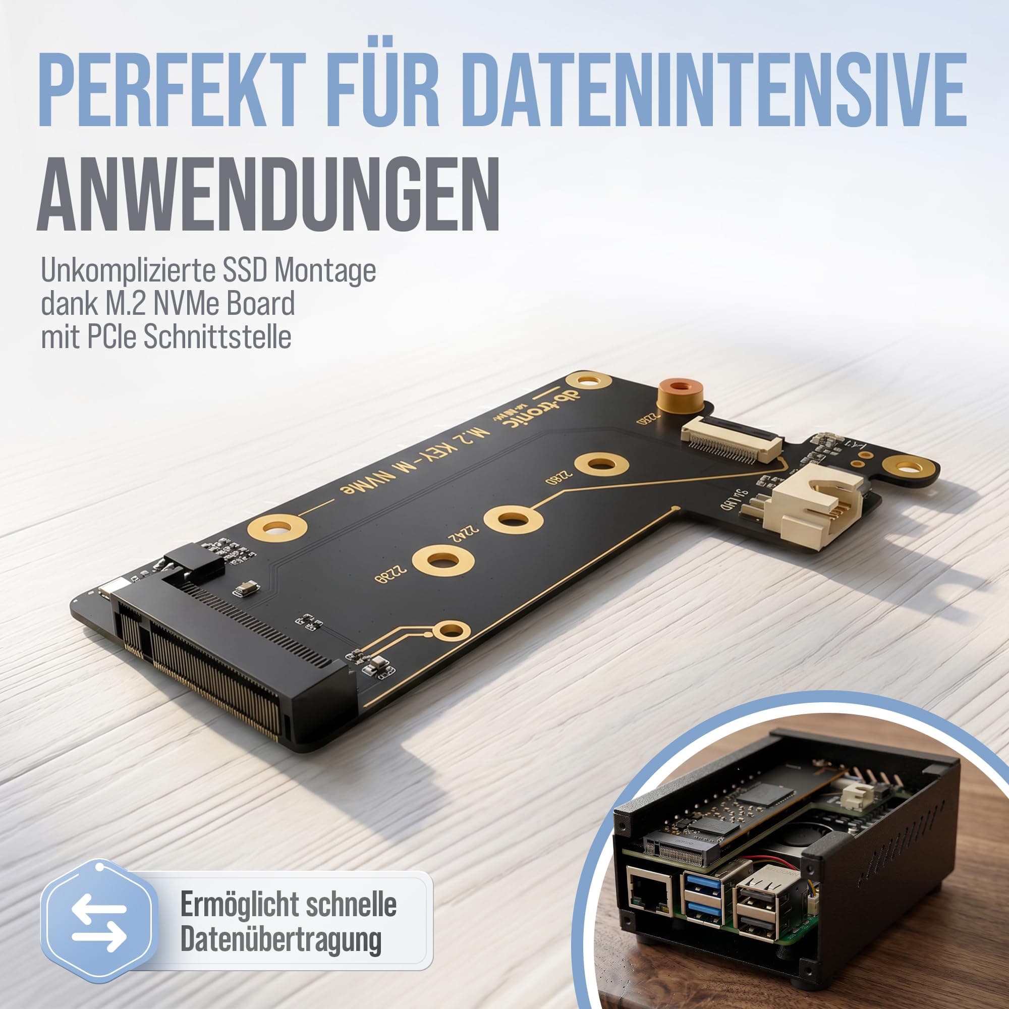db-tronic Raspberry Pi 5 8GB PCIe M.2 NVMe Set | 64GB Edition | Netzteil 27W | Metallgehäuse | Active Cooler | M.2 NVMe SSD PCIe Board | Ideal für Smart Home, Retro Gaming & Home Assistant 8GB RAM Bild 8