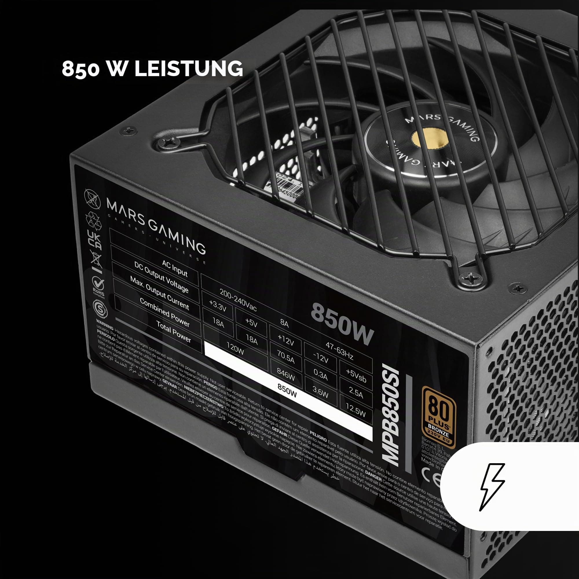MARSGAMING MPB850SI, PC-ATX-Netzteil 850W, 7 Jahre Garantie, 80Plus Bronze 230V, 90% Effizienz, SI Extreme Silence Lüfter mit Kupferkern, AI2-RPM-, DC-DC- und SMD-Technologien, Schwarz Bild 7