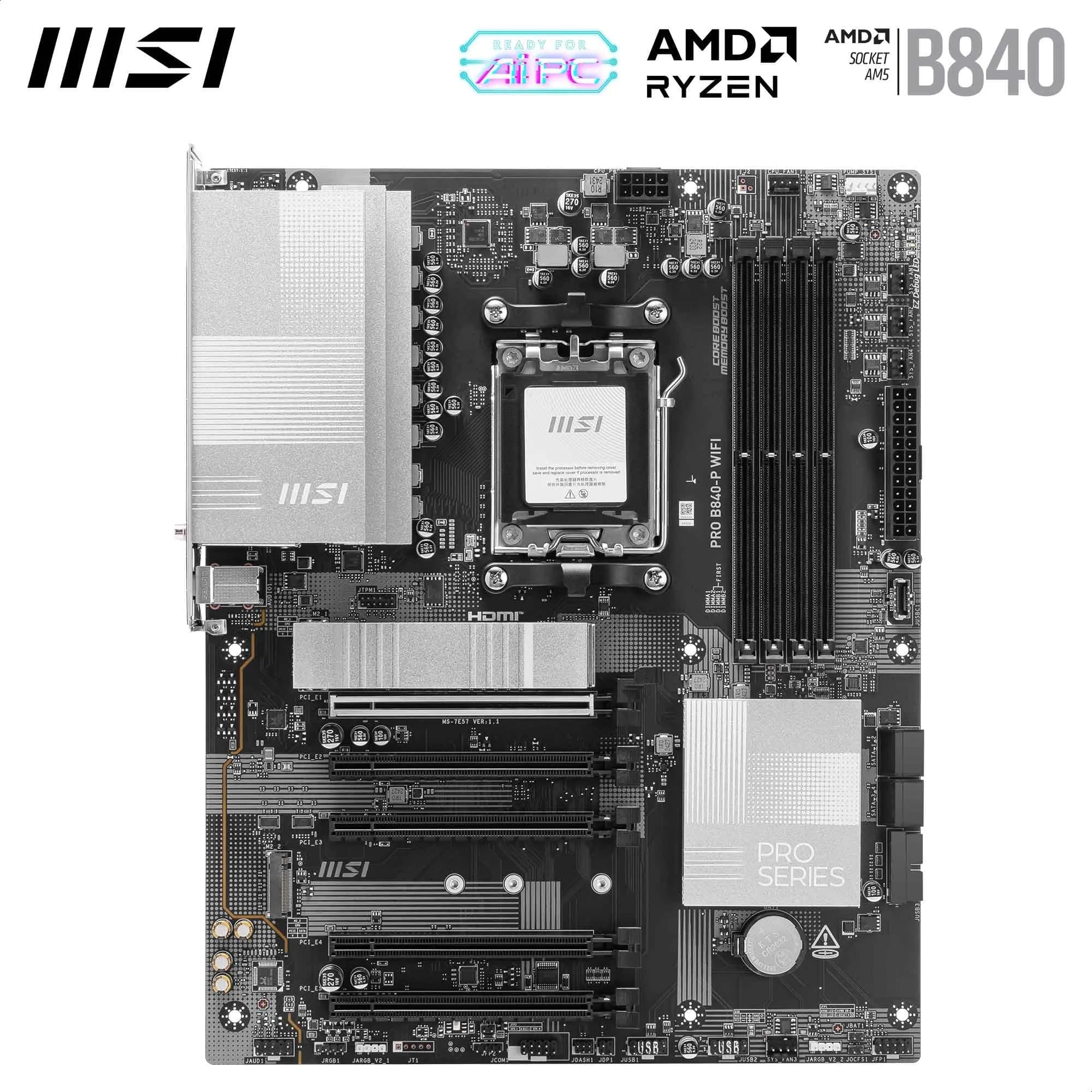 MSI PRO B840-P WiFi Mainboard, ATX - Unterstützt AMD Ryzen 9000/8000 / 7000 Prozessoren, AM5 - DDR5 Memory Boost (8000+ MT/s OC), PCIe 4.0 x16, M.2 Gen4, Wi-Fi 7, 2.5G LAN Bild 3