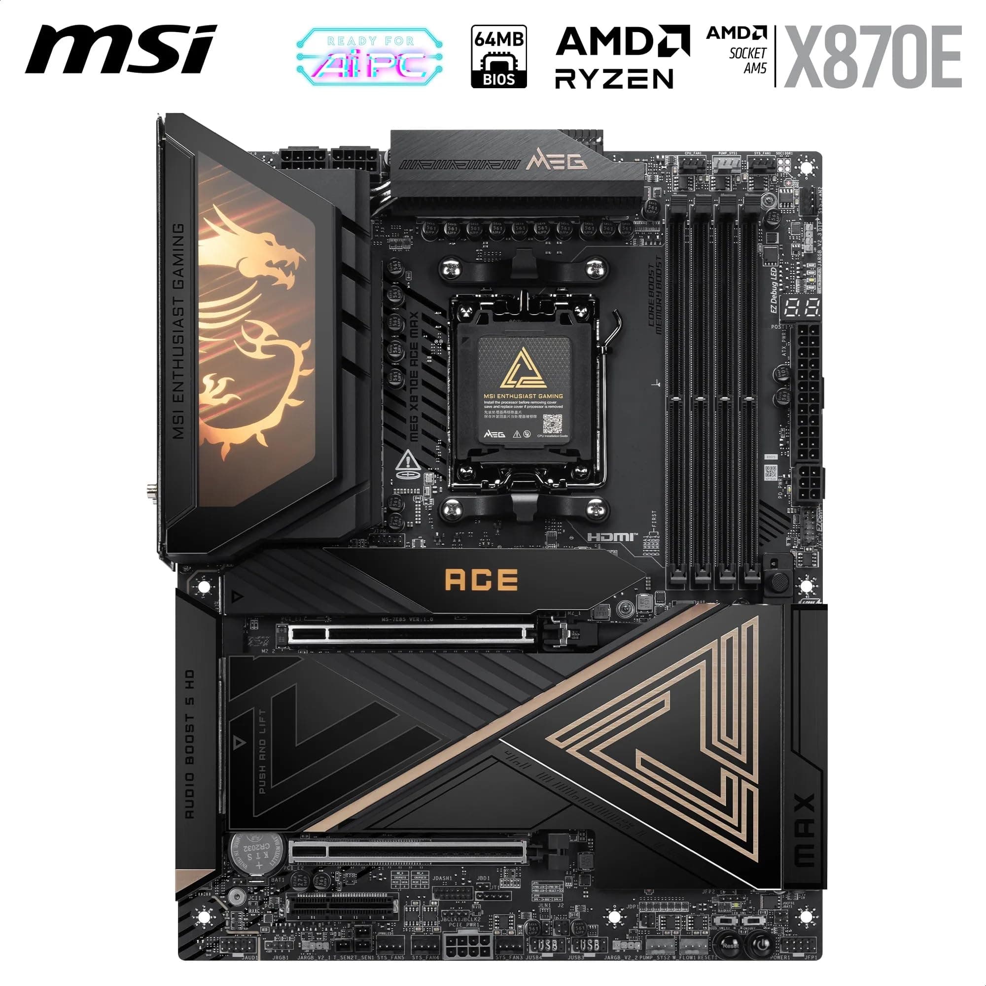 MSI MEG X870E ACE MAX Mainboard, ATX - Unterstützt AMD Ryzen 9000/8000 / 7000 Prozessoren, AM5-64MB BIOS ROM, 110A SPS VRM, DDR5 Speicher (bis zu 9000+ MT/s OC), M.2 & PCIe 5.0, USB4, Wi-Fi 7 Bild 3