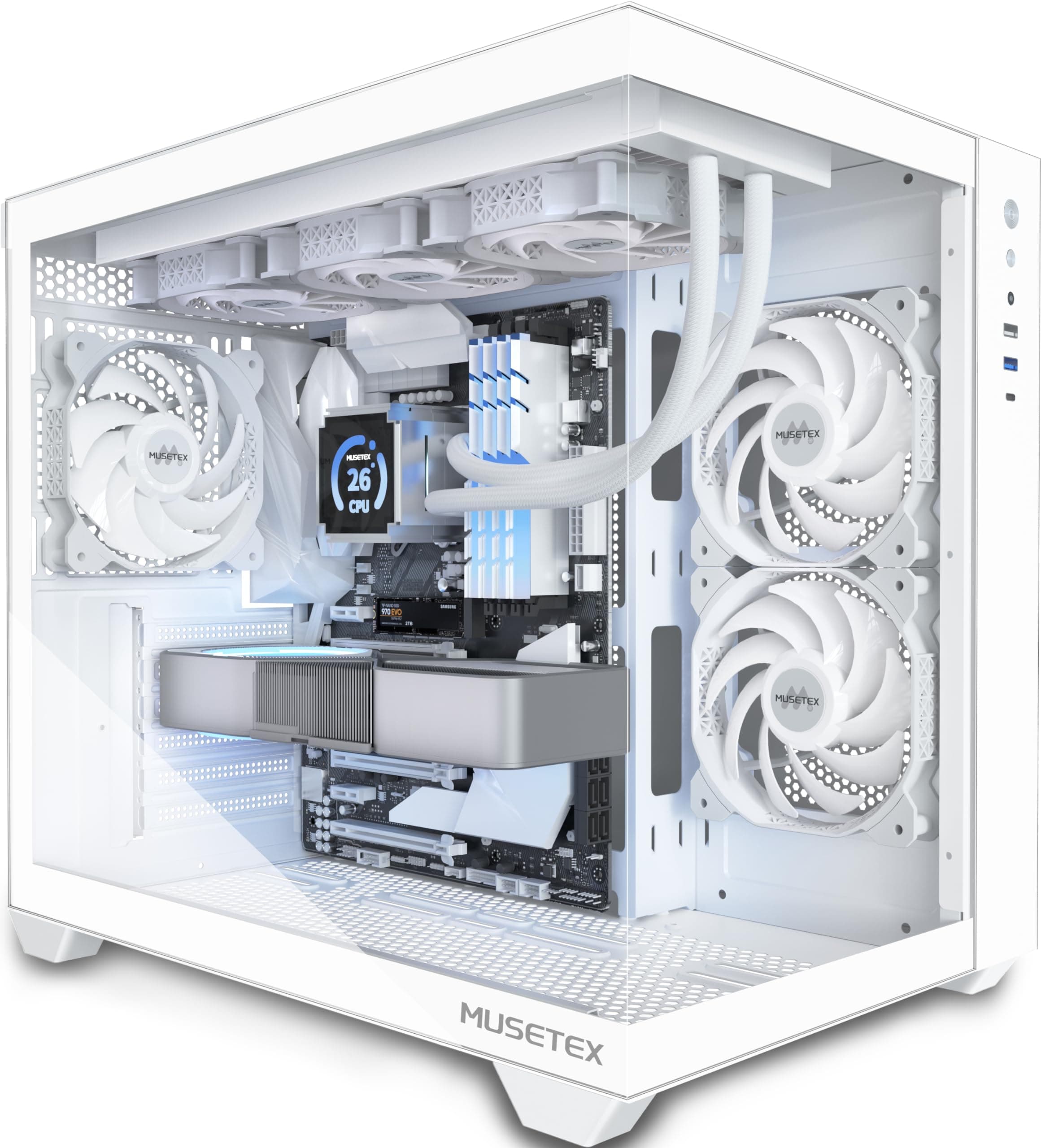 MUSETEX PC Gehäuse ATX,360MM Rad-Unterstützung, Typ-C Gaming PC CASE, 270° Full View Tempered Glass Mid Tower PC-Gehäuse 3 Non-LED-Lüfter vorinstalliert,reinweißes ATX Computer Gehäuse, Y6 42T x 29,5B x 36,8H cm