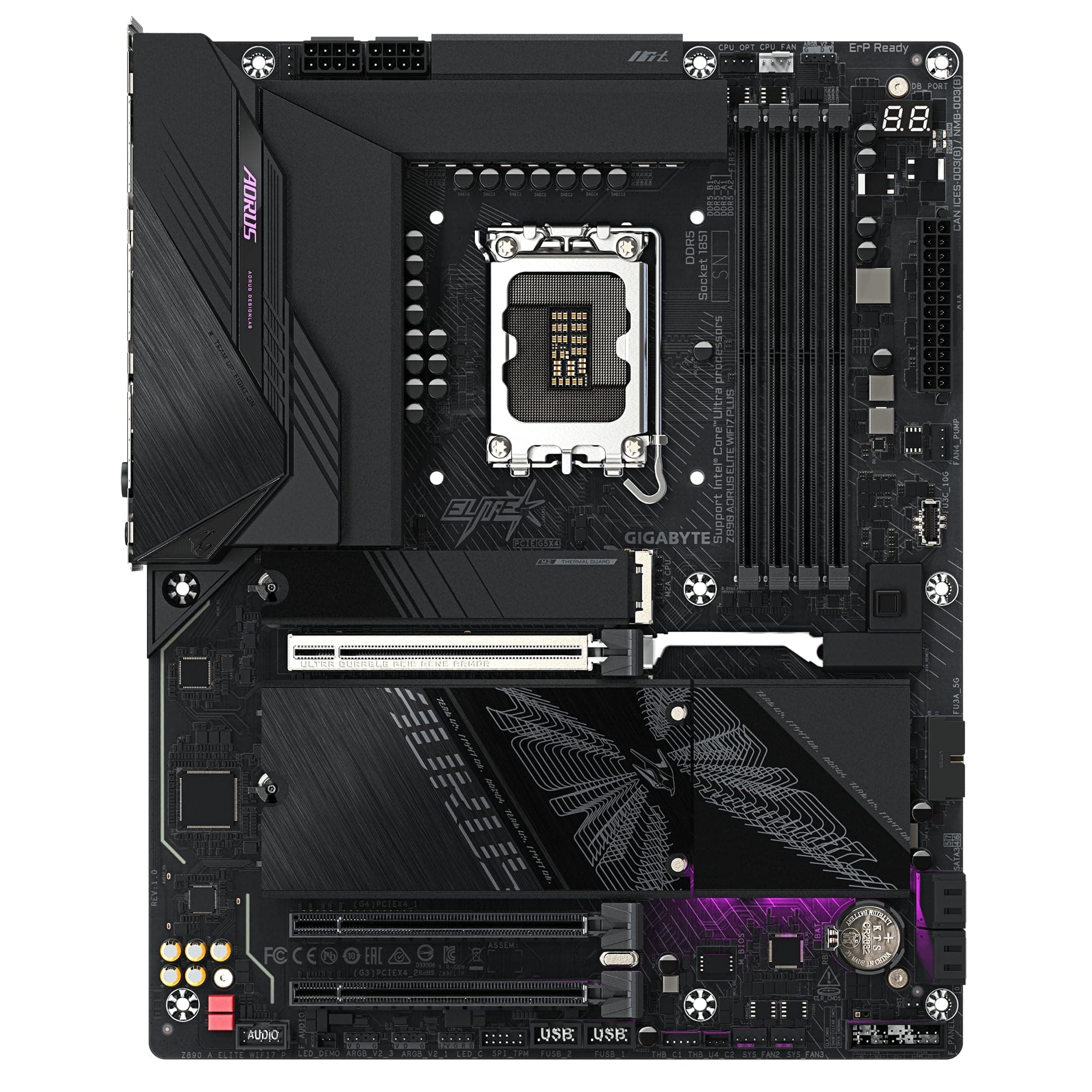 GIGABYTE Z890 AORUS Elite WIFI7 Plus Mainboard – Unterstützt Intel Core Ultra (Serie 2) CPUs, 16+1+2-Phasen-VRM, bis zu 9466 MHz DDR5 (OC), 1× PCIe 5.0 + 3× PCIe 4.0, Wi-Fi 7, 5-GbE-LAN, USB 4 Bild 3