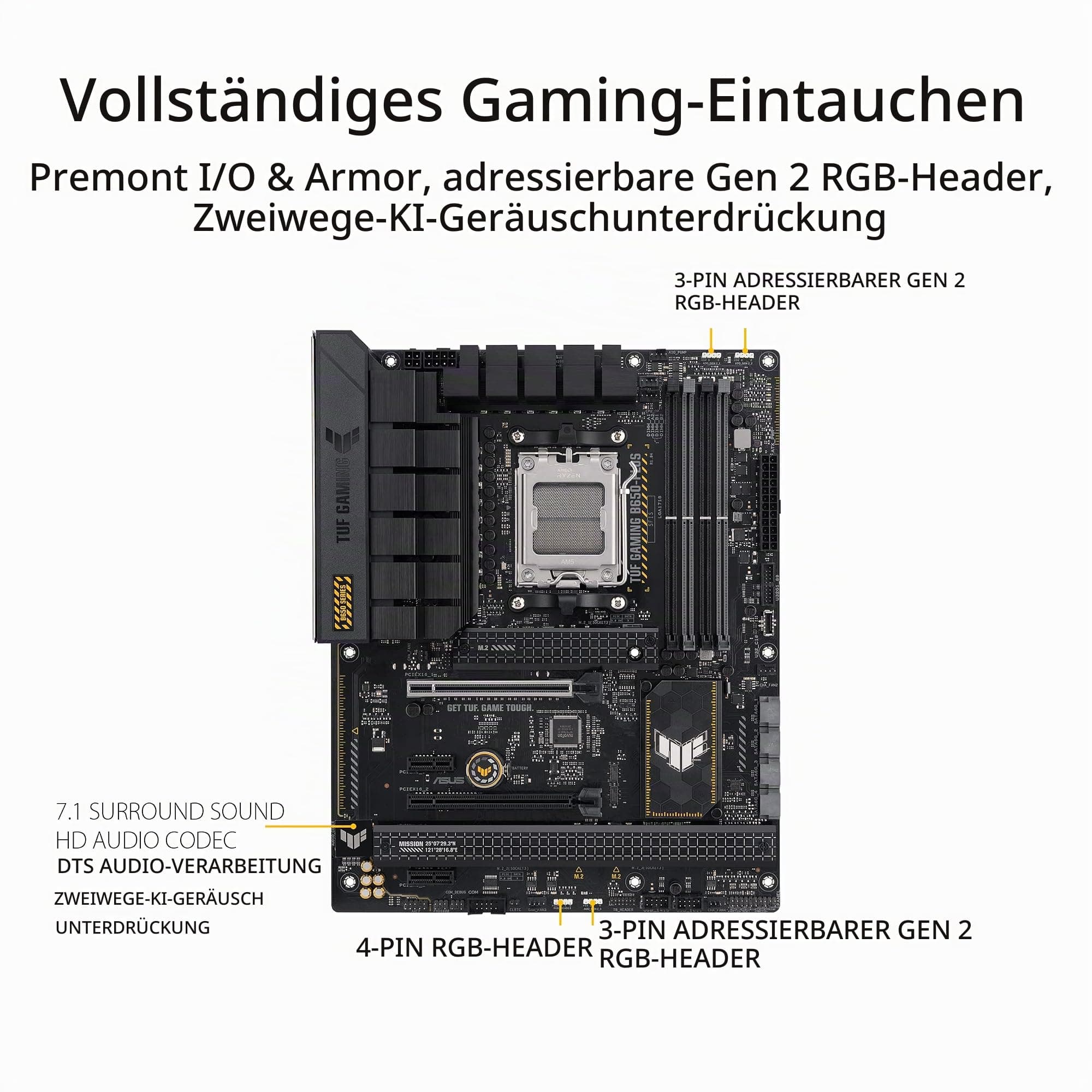 ASUS TUF Gaming B650-PLUS Mainboard Sockel AMD AM5 (Ryzen 7000, ATX, PCIe 5.0, DDR5-Speicher, 14 Power Stages, USB 3.2 Gen 2x2 Typ-C, 2.5G Ethernet, Aura Sync)+ 7 7600X Processor 4.7 GHz 32 MB L3 Box Bild 5